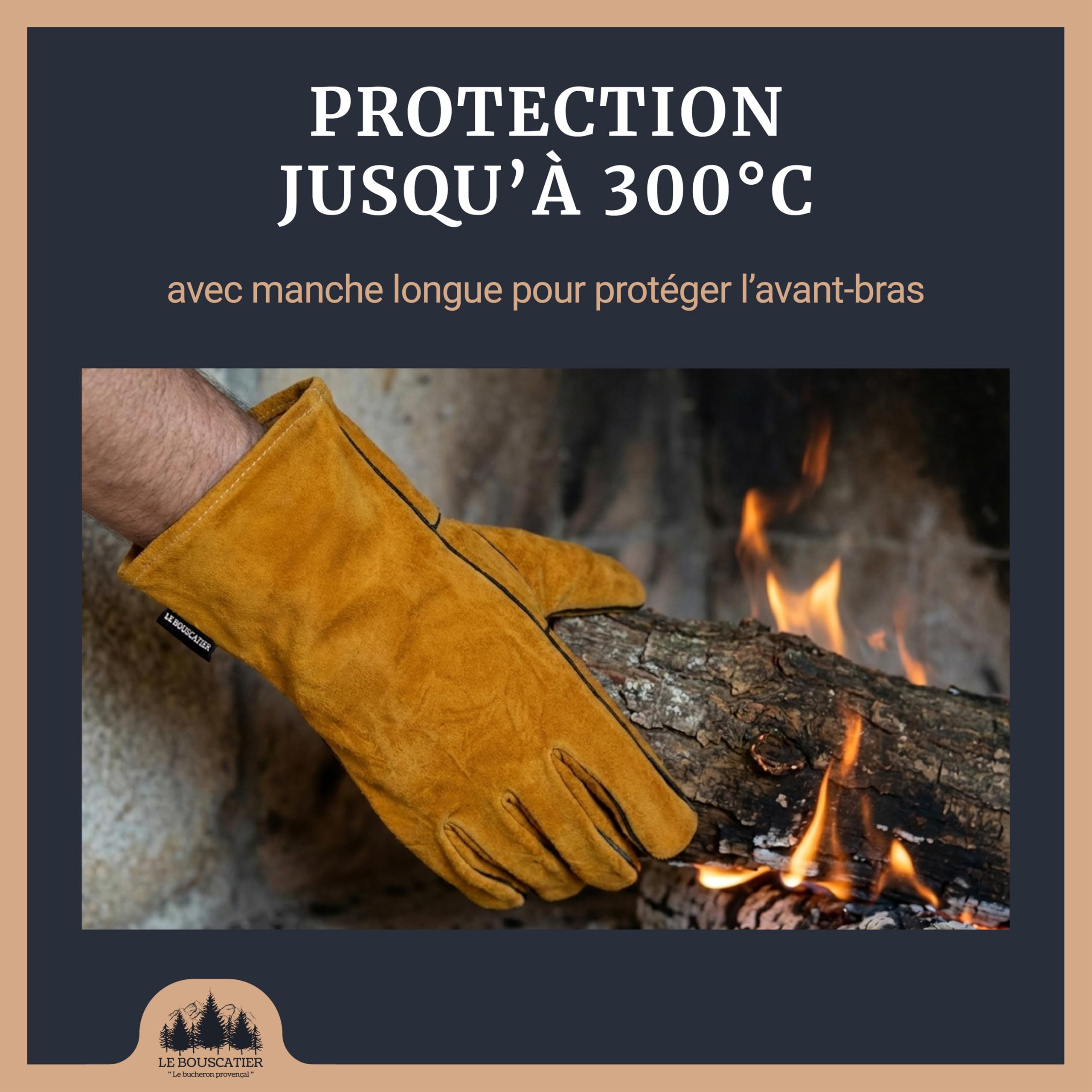 Paire de Gants camel de sécurité anti chaleur en cuir avec doublage intérieur pour poêle à bois, cheminée, barbecue, brasero et soudage. Résistant au feu, la soudure, le four, la cuisine (Camel)