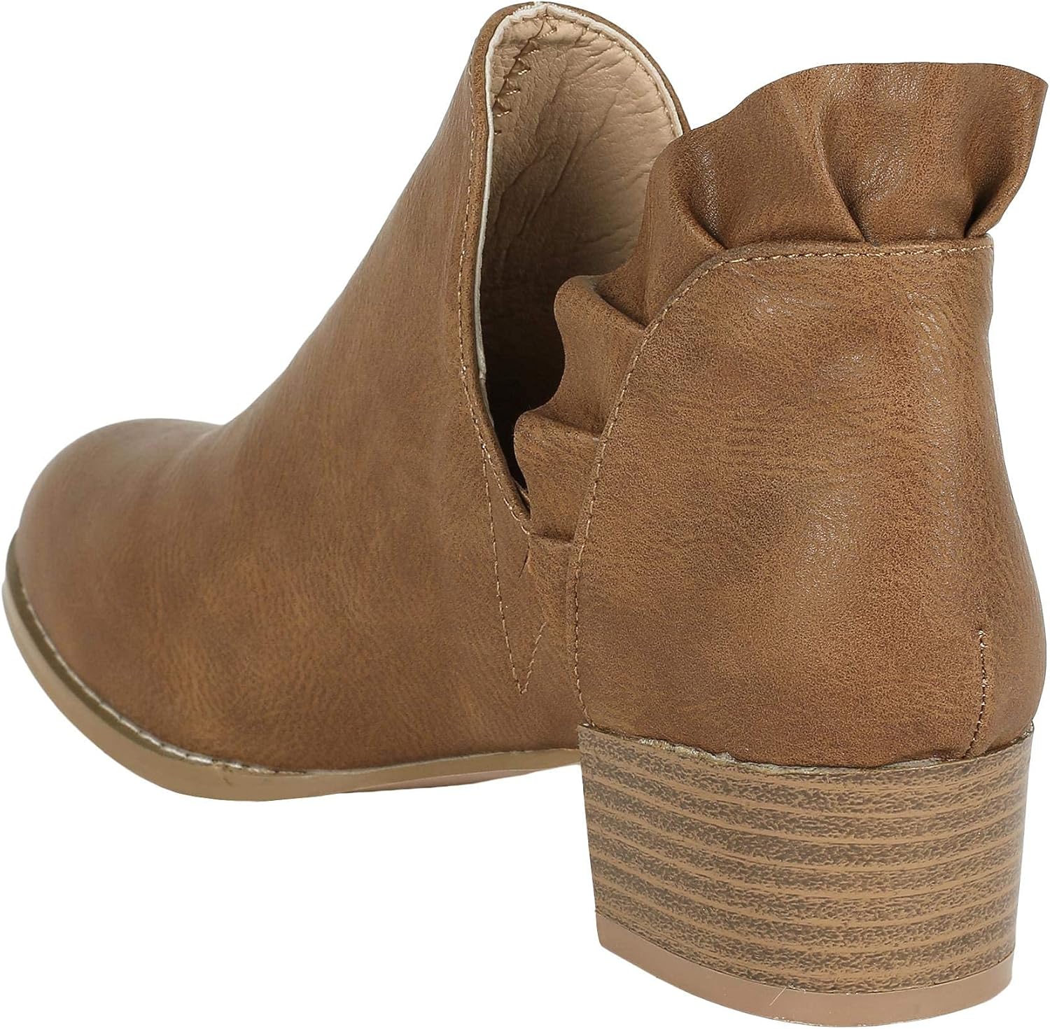 Fashare Womens Fall Cutout Booties Ankle Heels Low Stacked Ruffle Slip On Dress Short Boots Shoes 7 Coffee image 3 of 3 B0998RKC4D