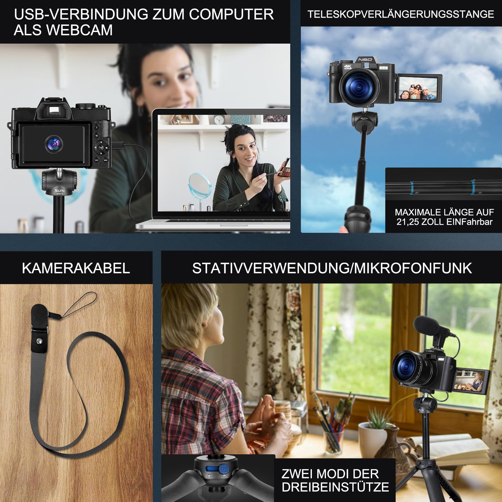 NBD 8K Digitalkamera 64MP mit Autofokus und 16X Digitalzoom | 3 Zoll 180° Klappdisplay, WLAN, Mikrofon, 2 Akkus, 32GB Speicherkarte, Weitwinkel/Makro, Vlogging, Reisen, Anfänger
