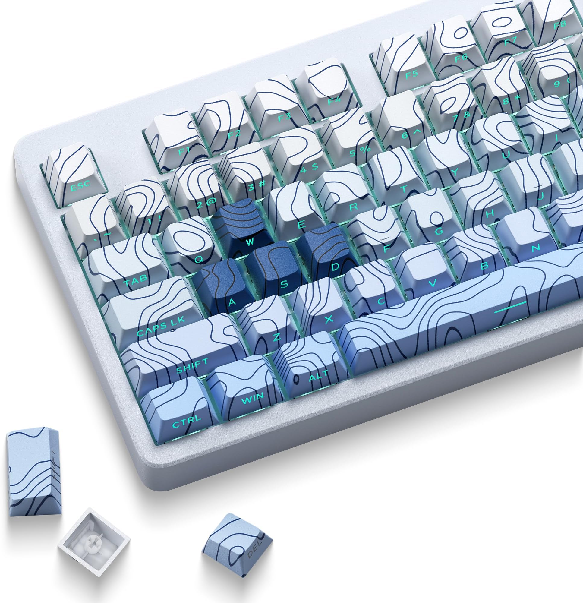 XVX PBT Keycaps - Side Print Keycaps, Shine Through Custom Key caps 75 Percent, Topographic Keycap Set Dye Sub & Double Shot, 135 Keys Cherry Profile Keyboard Keycap for Mechanical Keyboard, Blue