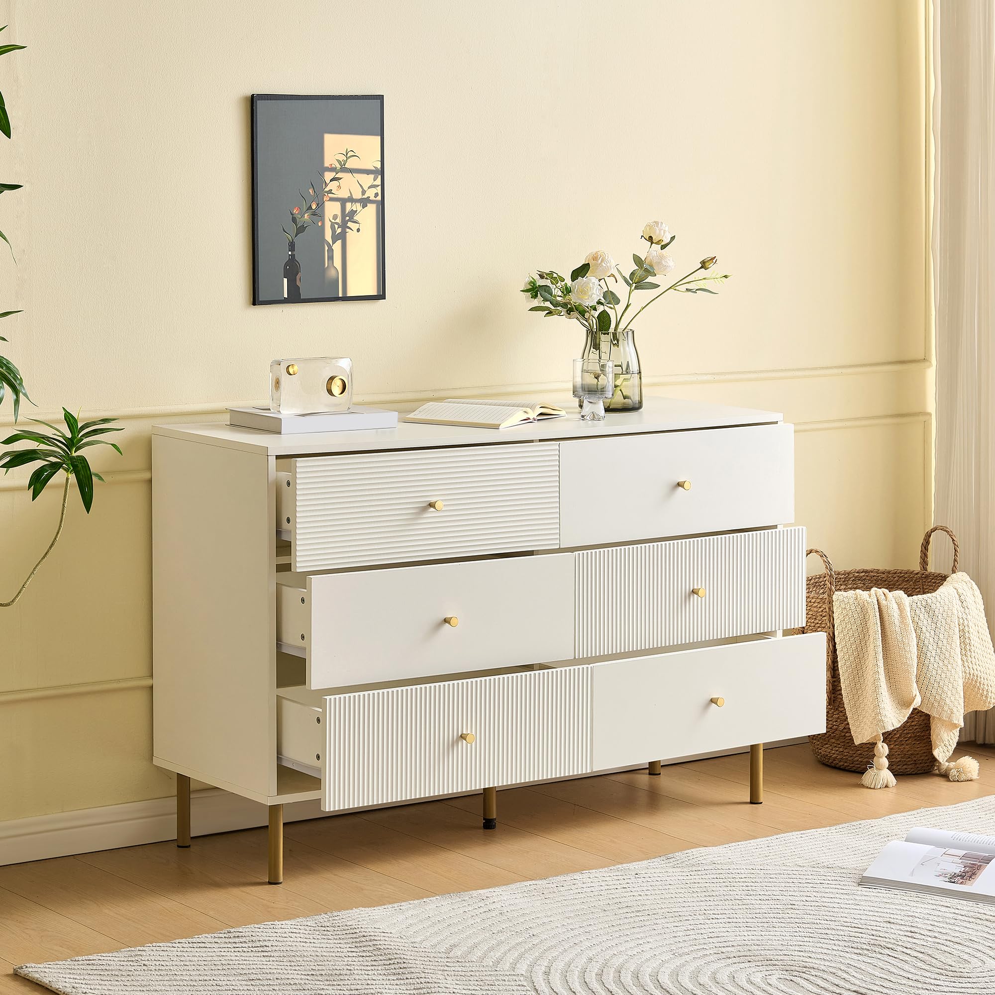BTM Modernes 6-Schubladen-Kommode, Weiße Aufbewahrungs-Kommode mit Zinklegierung-Griffen & Stahlbeinen, 120×40×78cm MDF-Schrank für Schlafzimmer, Wohnzimmer, Eingangsbereich