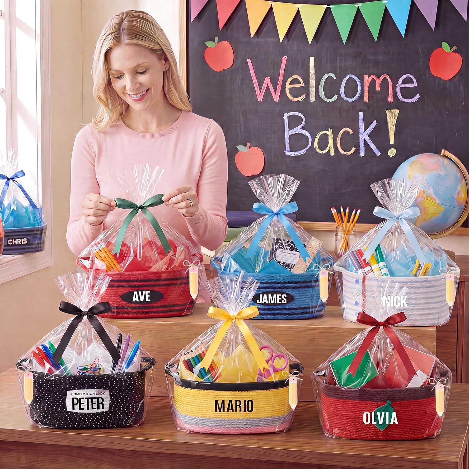 Colingmill 15''x11''x10 Back to School Woven Gift Basket Empty with Letter Stickers Tag Ribbon Tissue Paper & Card, Storage Basket for Teacher Appreciation Party Favor (Yellow,Pink,Grey,Pencil)
