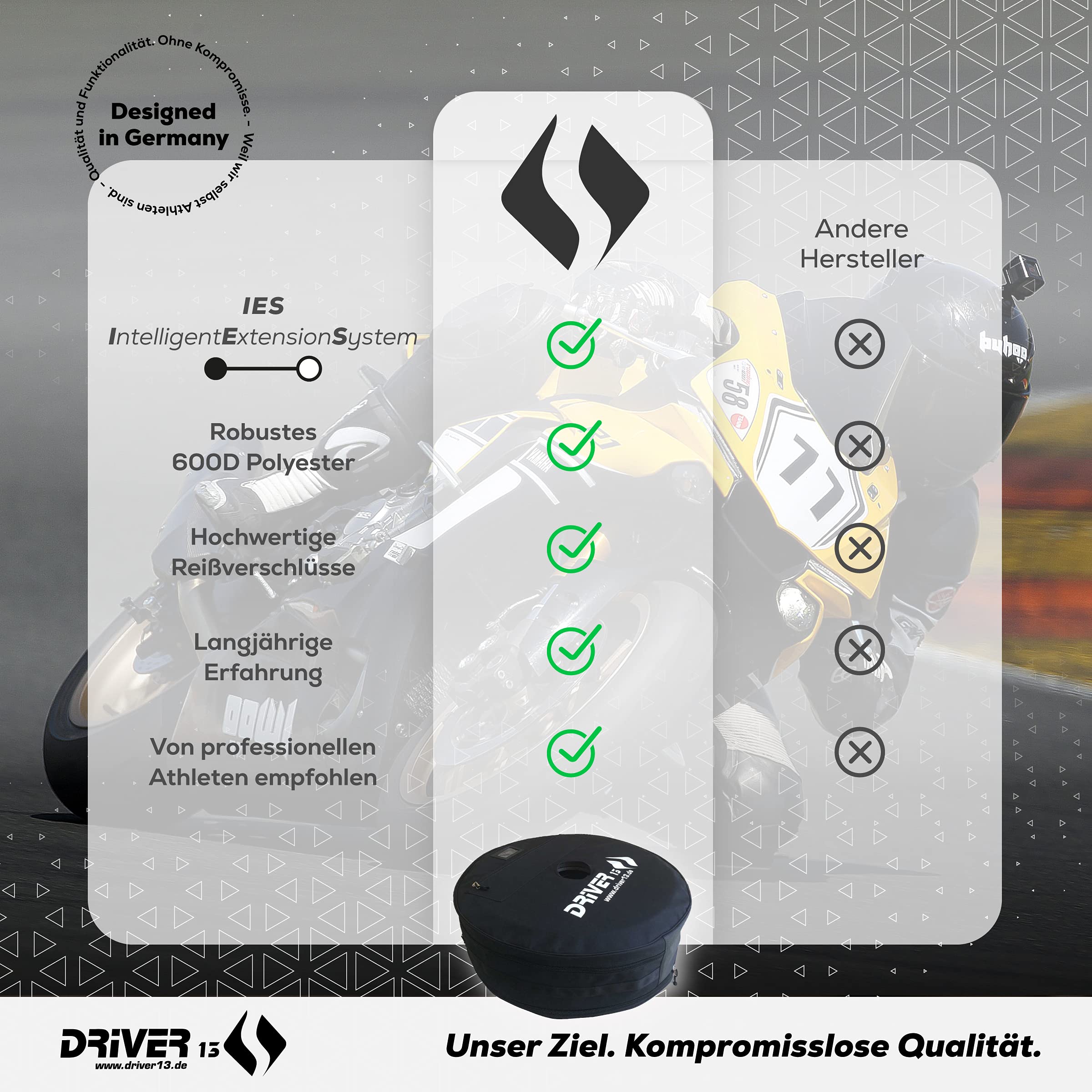 Driver13 Reifentasche 2-in-1 Motorradreifen, Vorderreifen 120/17 oder Hinterreifen 180–200/17, Reifen Bag, schwarz