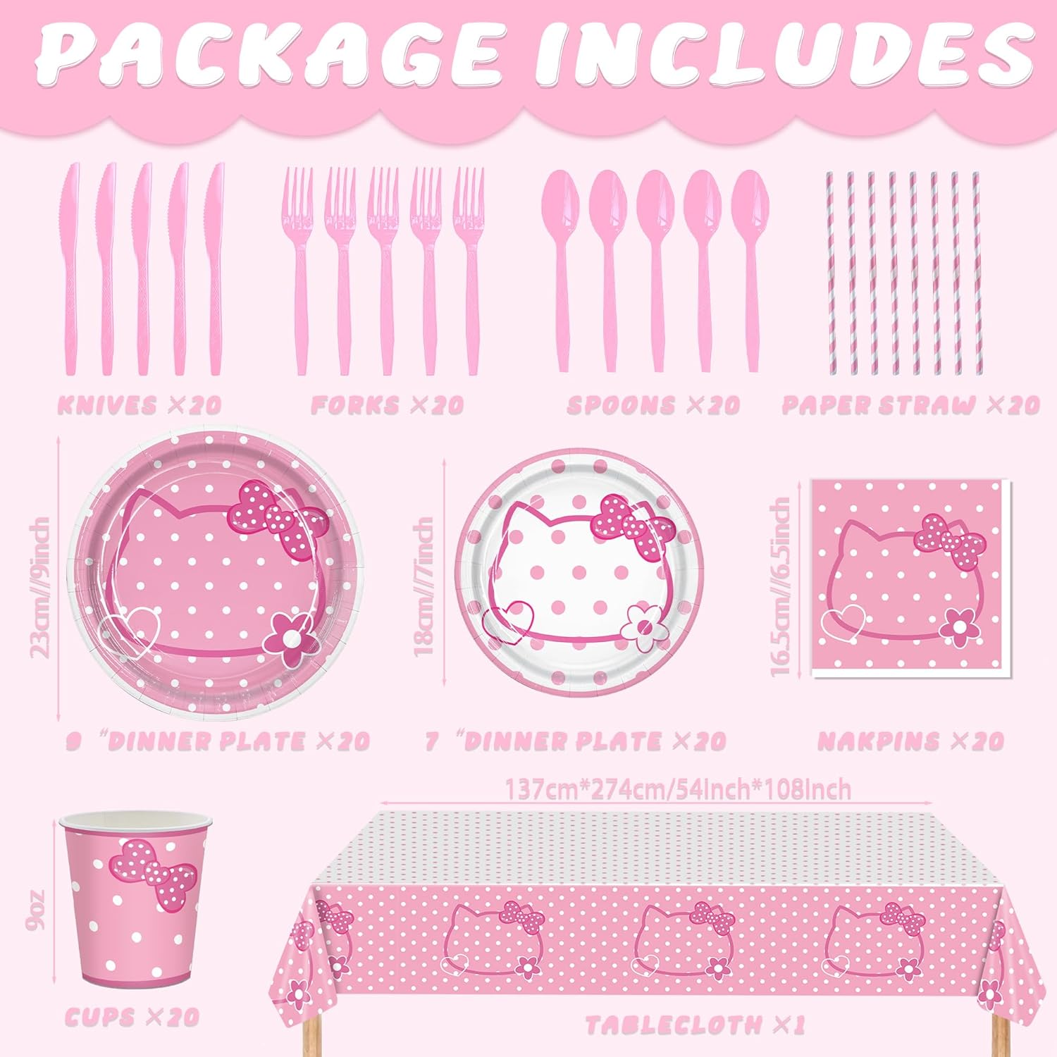 161PC Pink kittens Birthday Party Supplies Kit - Includes Pink Cat Dot Plates Napkins Cups Tablecloth Straws Forks Spoons Knives for Girls Party, Baby Shower, Cute Kattyy Decorations serve 20 Guests