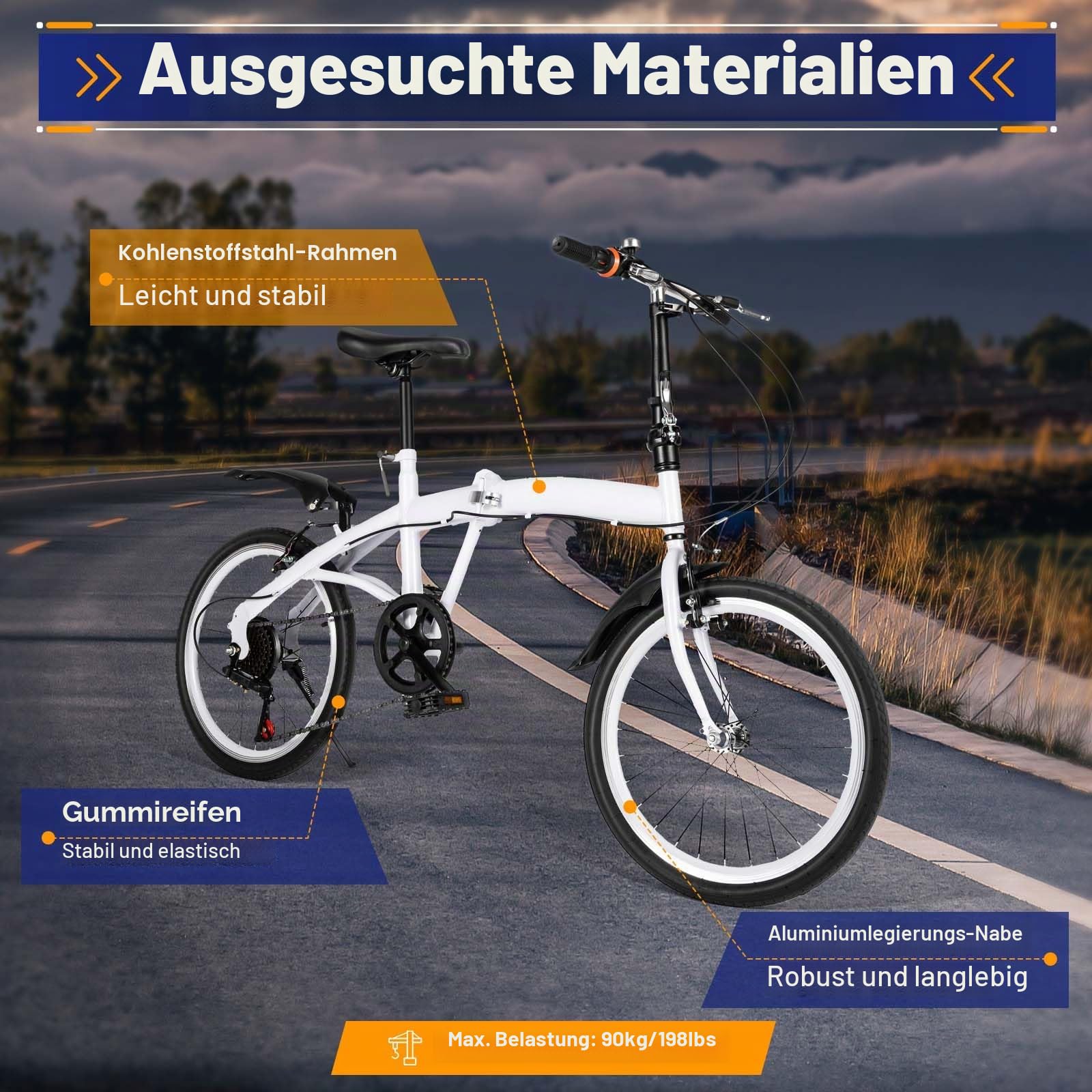 Steeviuzj Faltrad 20 Zoll Erwachsene Klapprad, Klappfahrrad 6-Gang Doppel Höhenverstellbar Klapprad für Kinder und Erwachsene Weiß Sport & Freizeit