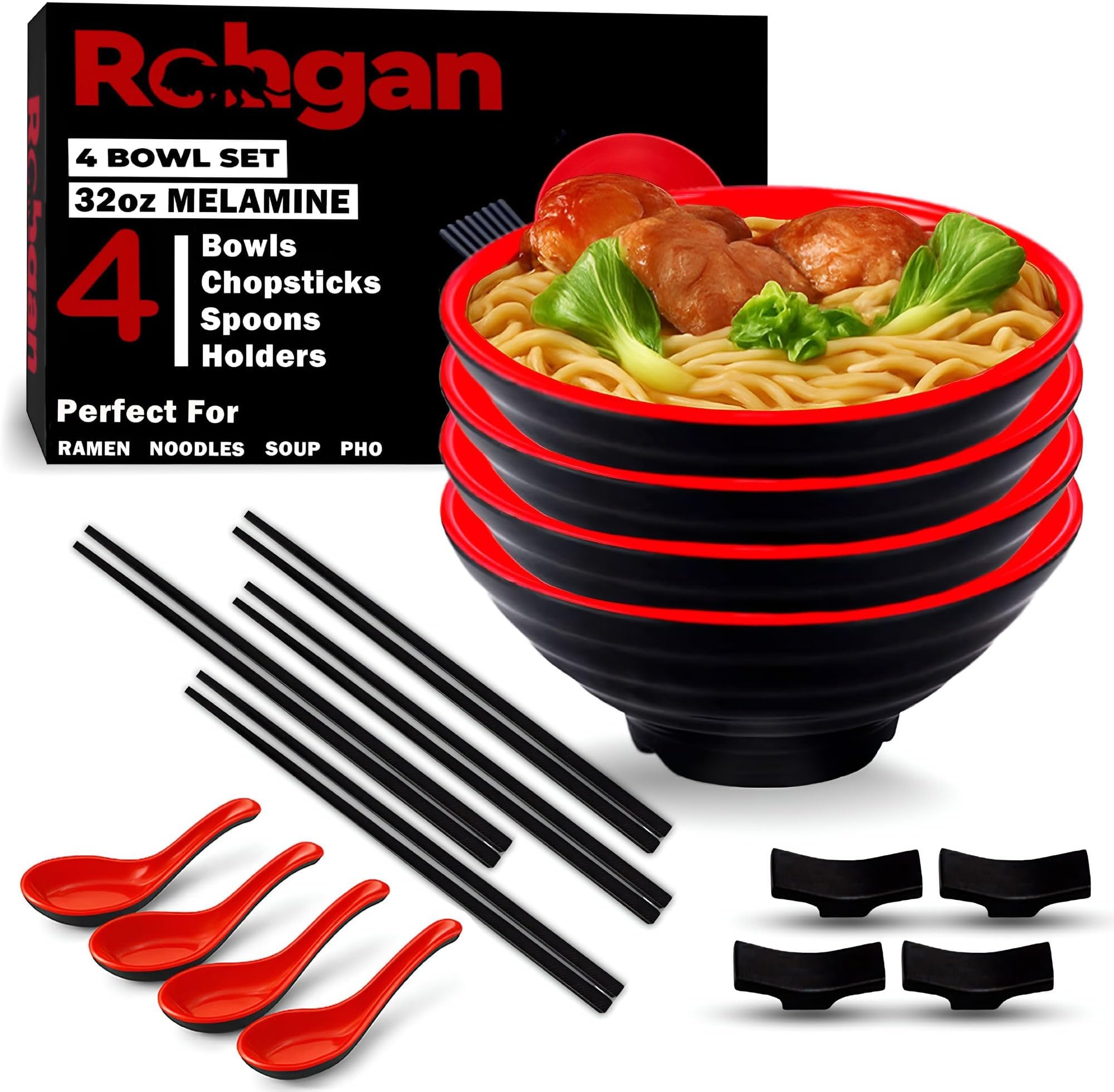 32oz Japanese Ramen Bowl Set – Red & Black Melamine Pho Bowls with Chopsticks, Spoons & Holders – Durable, Dishwasher-Safe Dinnerware for Ramen, Udon & Soups (20-Piece Set)