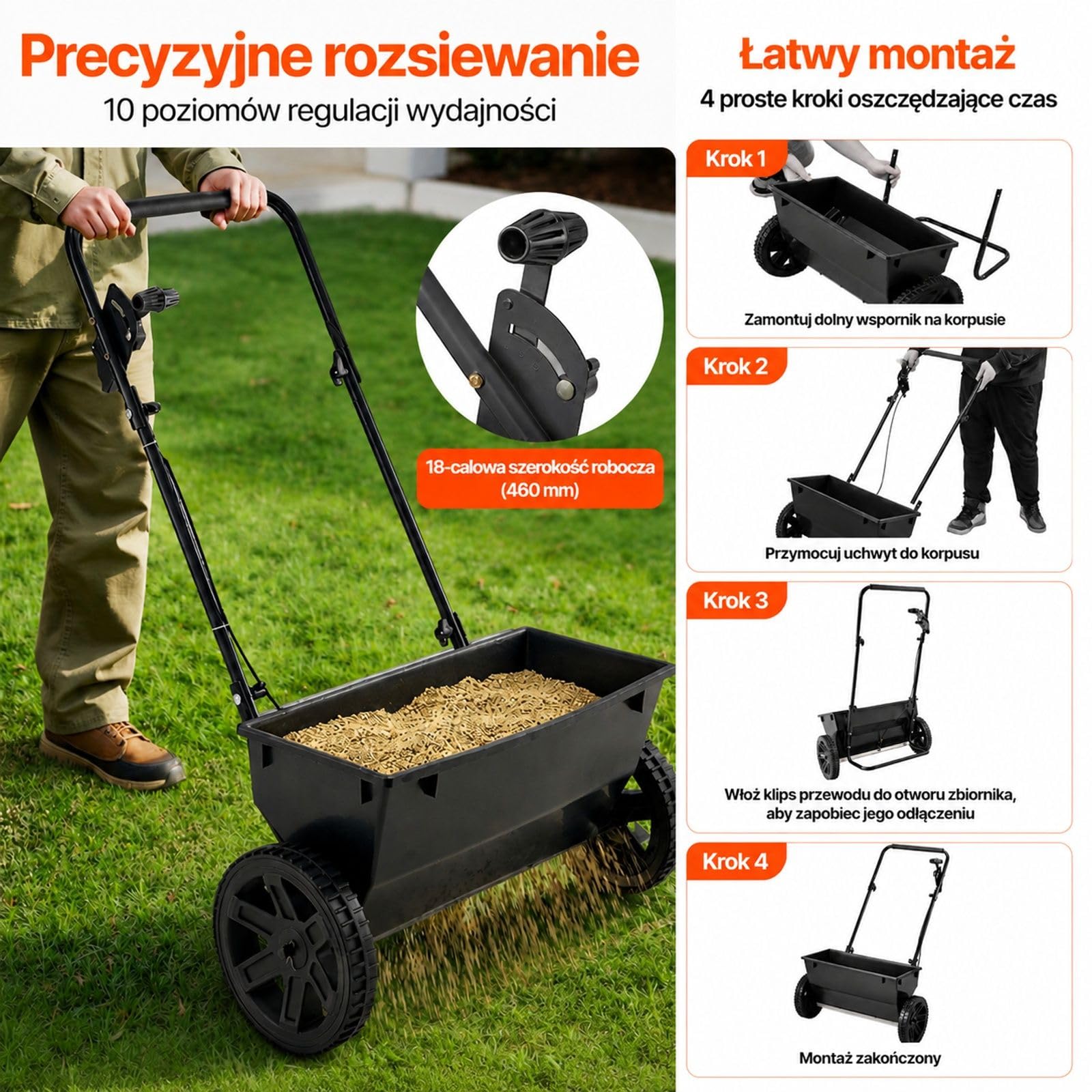 Rozsiewacz pchany, pojemność 22,6 kg, zbiornik z 30 ustawieniami i kołami do nasion oraz nawozu w ogrodzie i na trawniku