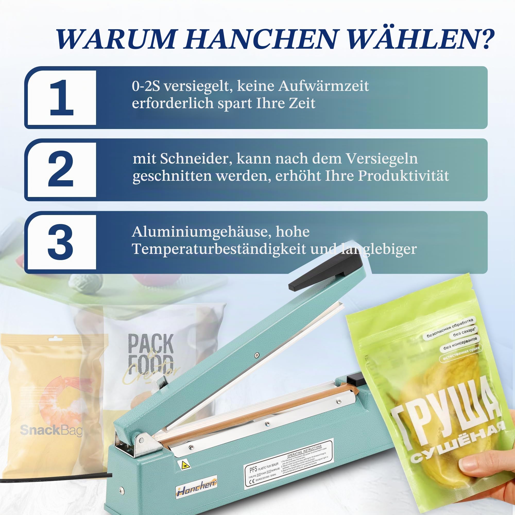 Hanchen Heißsiegelmaschine mit Klinge Tragbares Heißsiegelgerät Tisch Schweißgerät 200mm~500mm Impulse Heißversiegelung für Mylar Kraftpapier Folien Film Beutel 220V (500mm/ 19,7 Zoll)