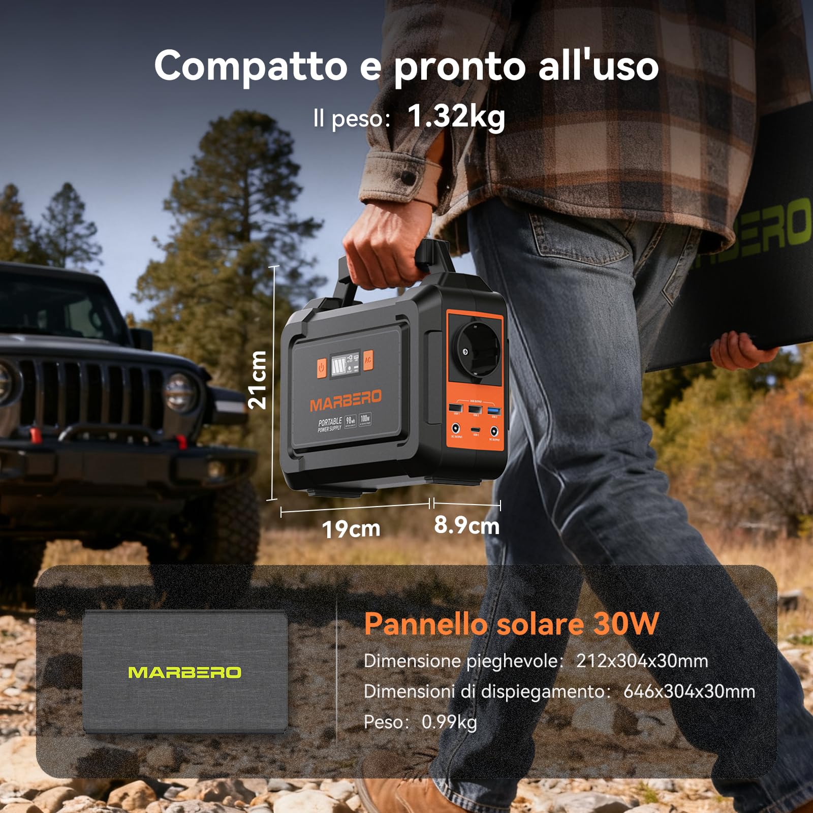 MARBERO Centrale Elettrica Portatile 26,400mAh con Pannello Solare Pieghevole da 30W Power Station 150W con Uscite DC per Strada, Avventura, Campeggio, Casa, Interruzione di Corrente