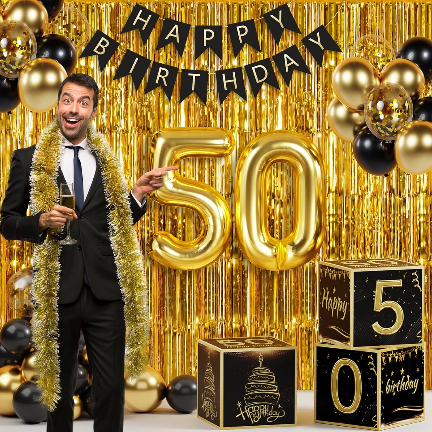 50th Birthday Decorations for Men Women, Black Gold 50th Birthday Balloons Boxes Party Favors, 50 Balloons Happy Birthday Banner Kit, Tassel Curtain, 50 Year Old Bday Decoration Box