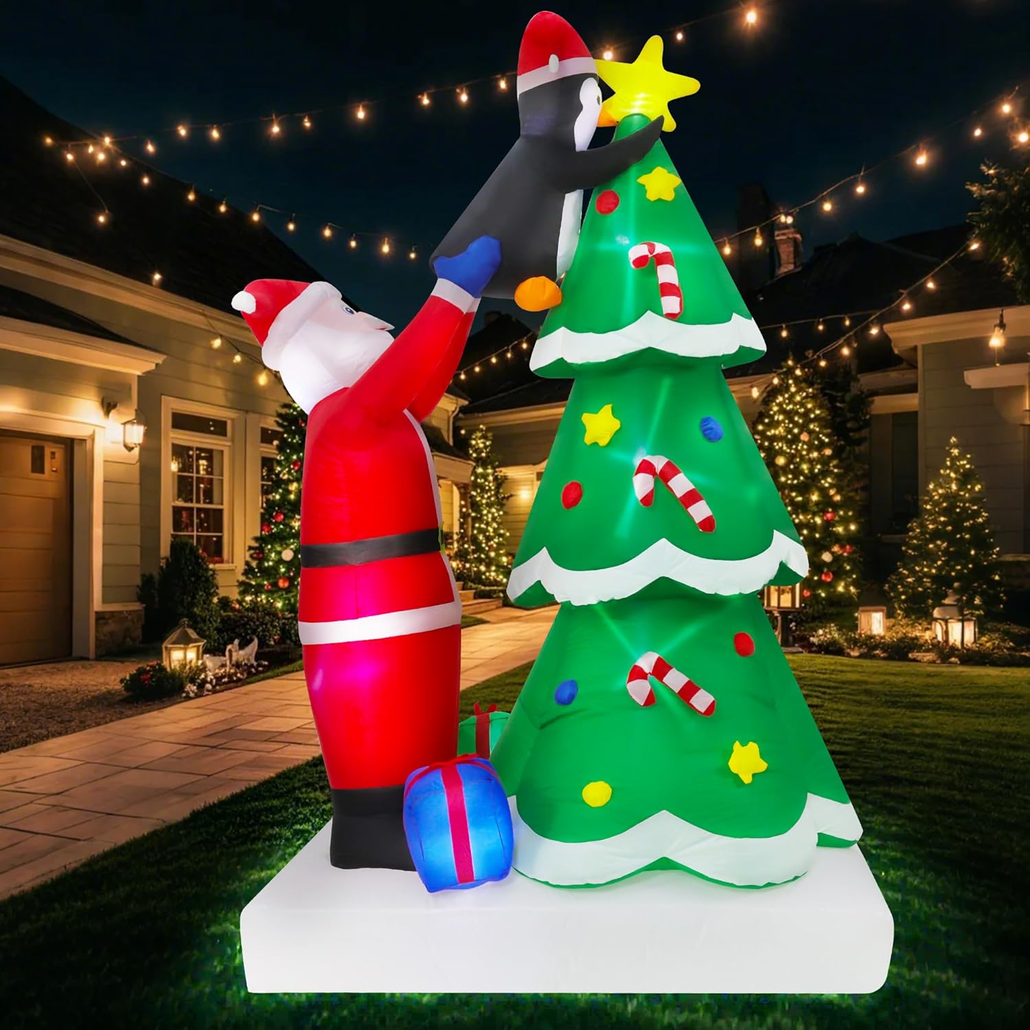 8FT Christmas Inflatables Tree Outdoor Decoration, Santa Claus & Penguin Lighted Party Decoration, Blow Up Decor with Built-in LED Lights Suitable for Lawn/Yard/Garden/Porch