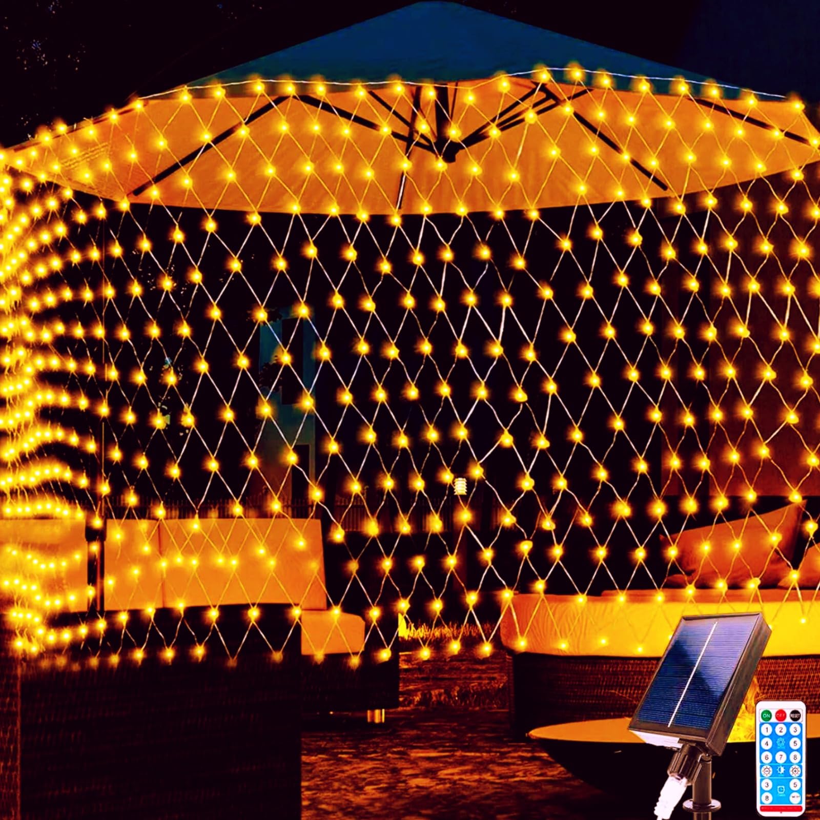 TIANHOO Solar Fairy String Lights, 1.5 * 1.5M 96 LEDs Christmas Decoration Net Light, Mesh Fairy String Lights with 8 Flashing Modes, Solar Garden Lights Outdoor Waterproof for Courtyard Garden Party