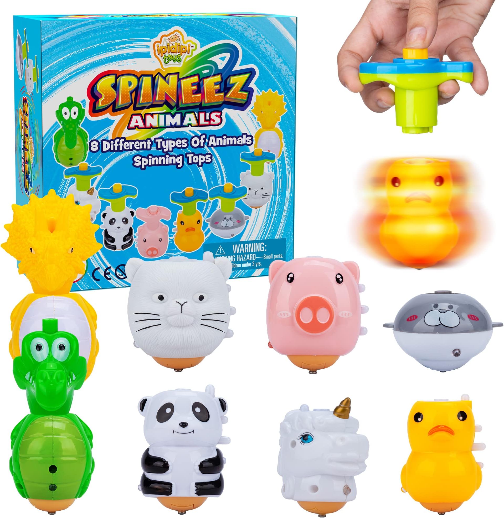 IPIDIPI TOYS Spineez Animal Light Up Spinning Tops – 8 Cute LED Spinners Toys - Spinning Tops for Kids - Birthday Party Favors, Goodie Bag Stuffers for Kids, Classroom Prizes for Boys & Girls