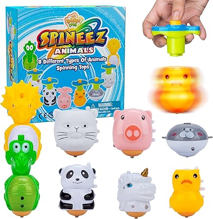IPIDIPI TOYS Spineez Animal Light Up Spinning Tops – 8 Cute LED Spinners for Kids – Halloween Toys for Trick or Treat, Halloween Goodie Bag Stuffers, Birthday Party Favors for Boys & Girls