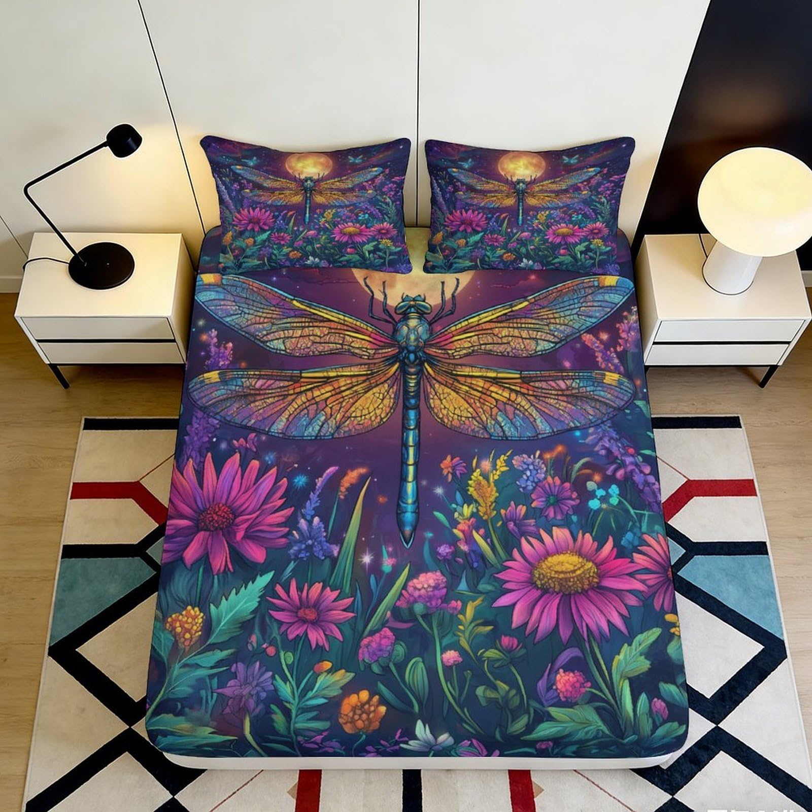 3D Printed Dragonfly Floral Fitted Sheet Microfiber Soft Purple Mattress Cover for Bedroom Guest Room Decor 90x200x25cm