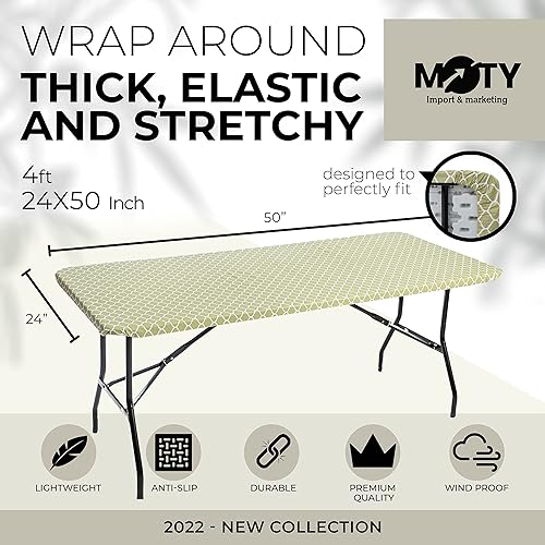 Miniatura 2 de Mantel para mesa plegable, mantel rectangular de plástico con respaldo de vinilo con borde elástico, para Navidad, fiestas, picnic (4 pies, 24 x 50