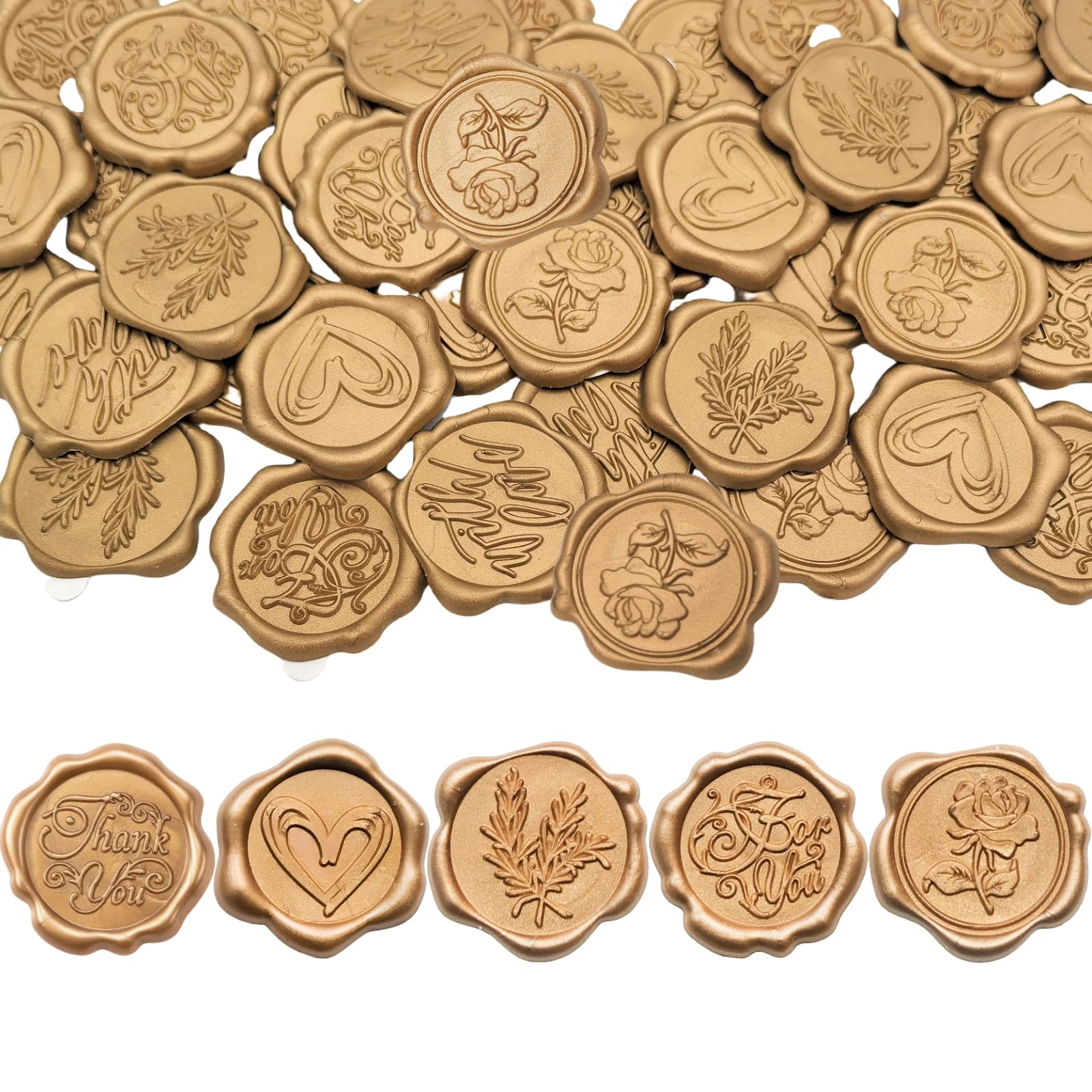 30 PCS Gold Wax Seal Stickers - 5 Vintage Patterns, 3.3cm/1.3inch Self-Adhesive Wax Seal Stamp with Embossed Rose, Leaves, Heart, Thank You, for You, for Envelopes, Invitations & Gifts