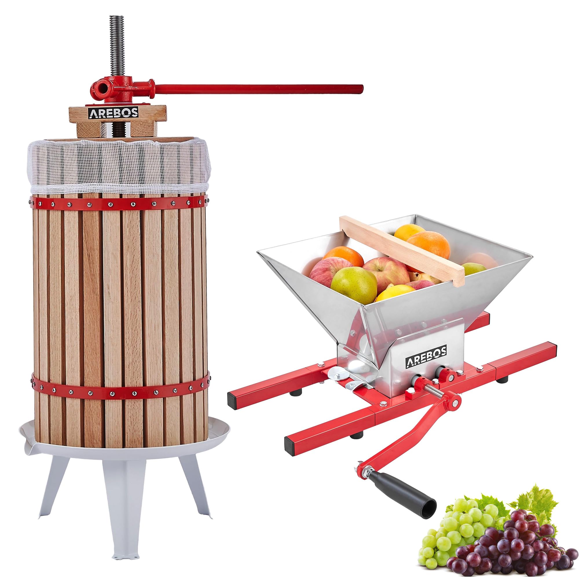 Arebos Obstpresse 18L und Obstmühle 7L | Manuelle Saftpresse I Beerenpresse inkl. Presstuch, Druckplatte und Metallspindel I Für jegliche Arten von Saft & Gemüse