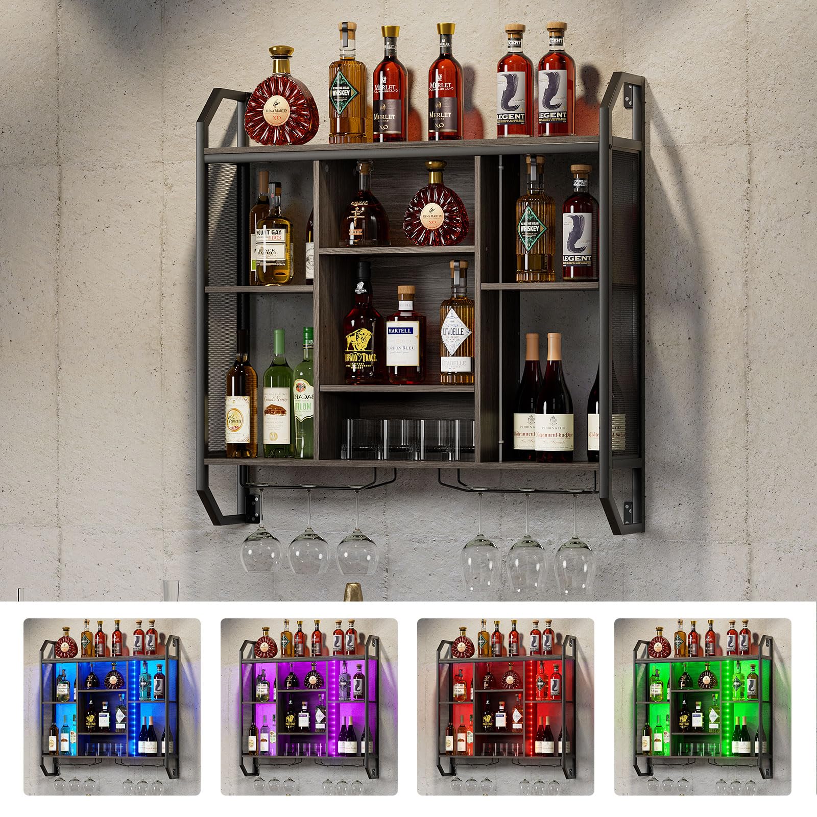 Botellero montado en la Pared con luz LED 90CM Botellero de Metal para la Pared con Portavasos Estante de Vino Montado en la Pared Estante de Almacenamiento Estantes flotantes con balda Regulable