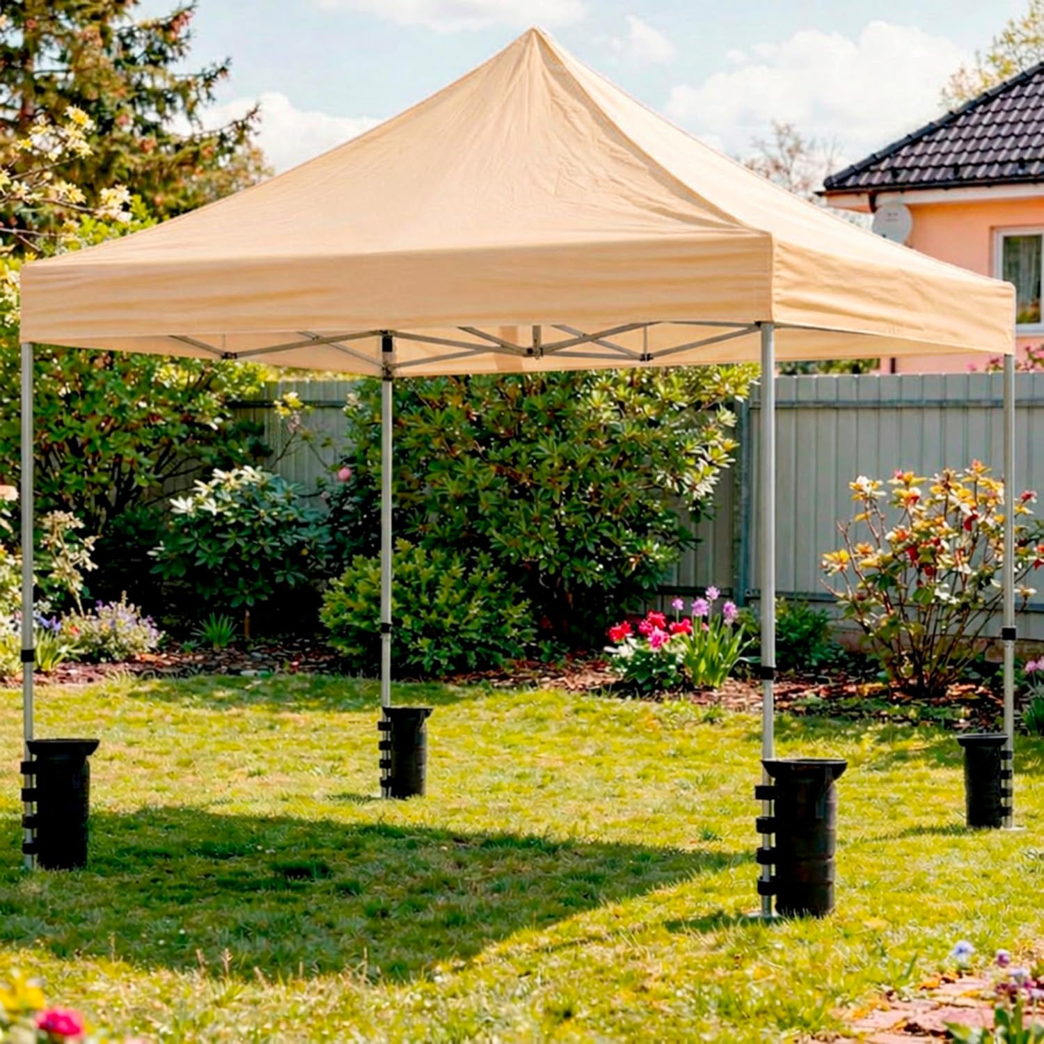 Gazebo Professionale 3x3 M Richiudibile Automatico In Acciaio Con Telo Oxford 1200D PVC Impermeabile e Anti UV Struttura a Fisarmonica con Sacche Zavorra e Borsa Trasporto Sagre Feste Eventi (Beige)