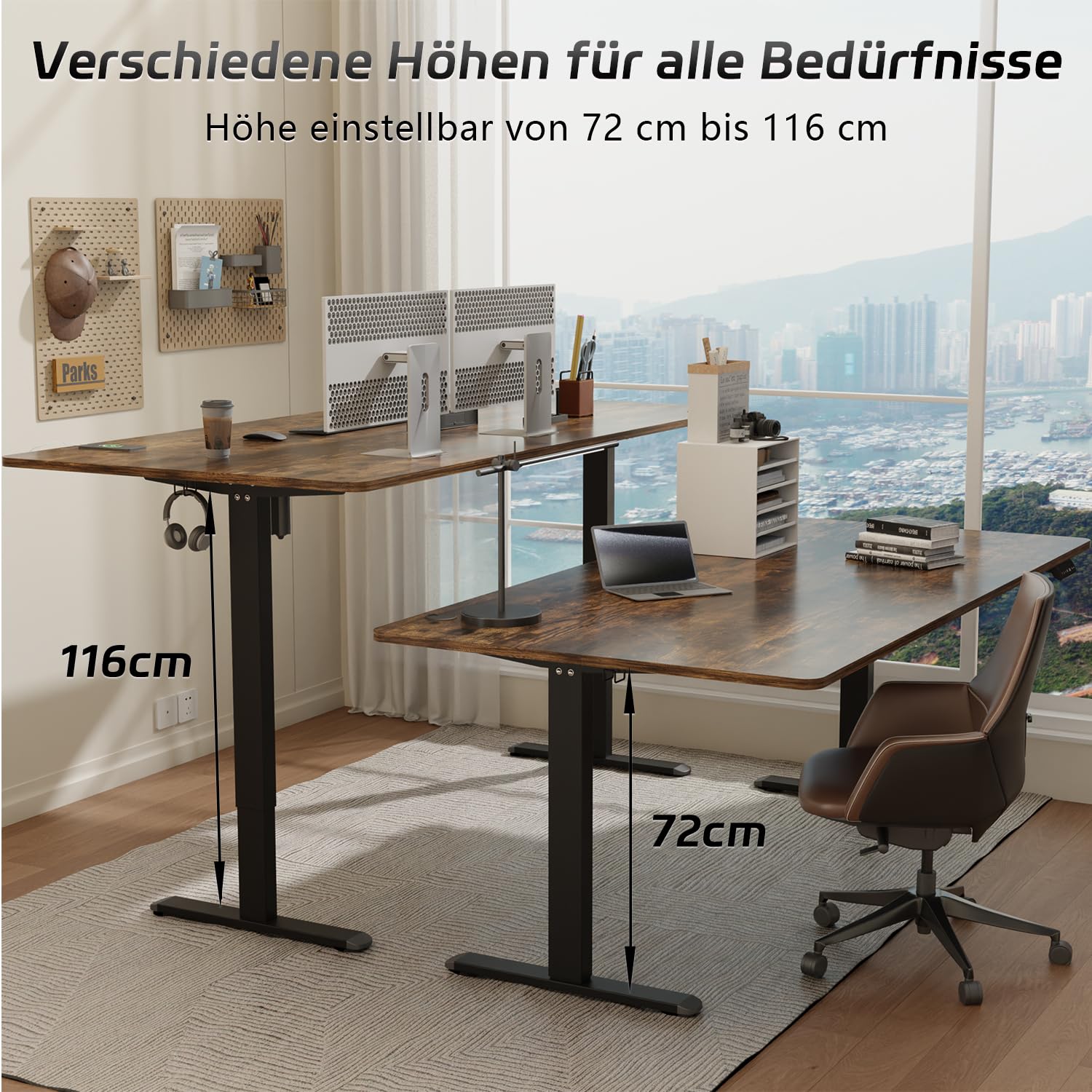 Airfish Höhenverstellbarer Schreibtisch 140x70 cm, Elektrisch Schreibtisch mit Kabelwanne, Computertisch mit USB-Buchse, Bürotisch, Stehpult mit Erinnerung an sitzende Tätigkeiten, Vintage-Braun