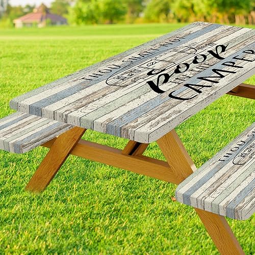 Uokiuki Picnic Table Cover with Bench Covers Elastic Edges, Cabin Wooden Camper 