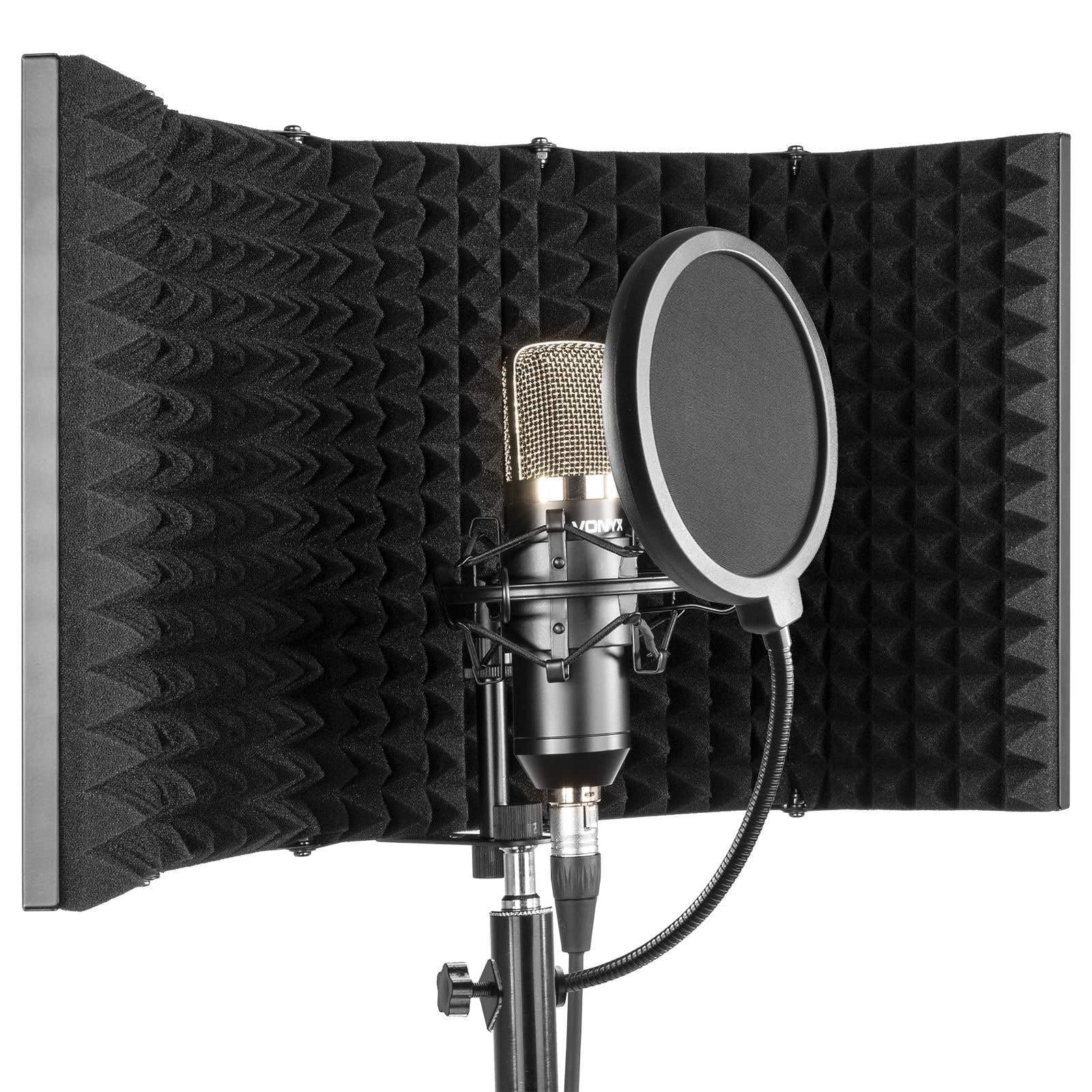 Vonyx MRF30 - Panel acústico para micrófono, pantalla metálica de 5 paneles, paneles laterales ajustables y plegables, montaje en pie o mesa, ideal para su estudio de grabación