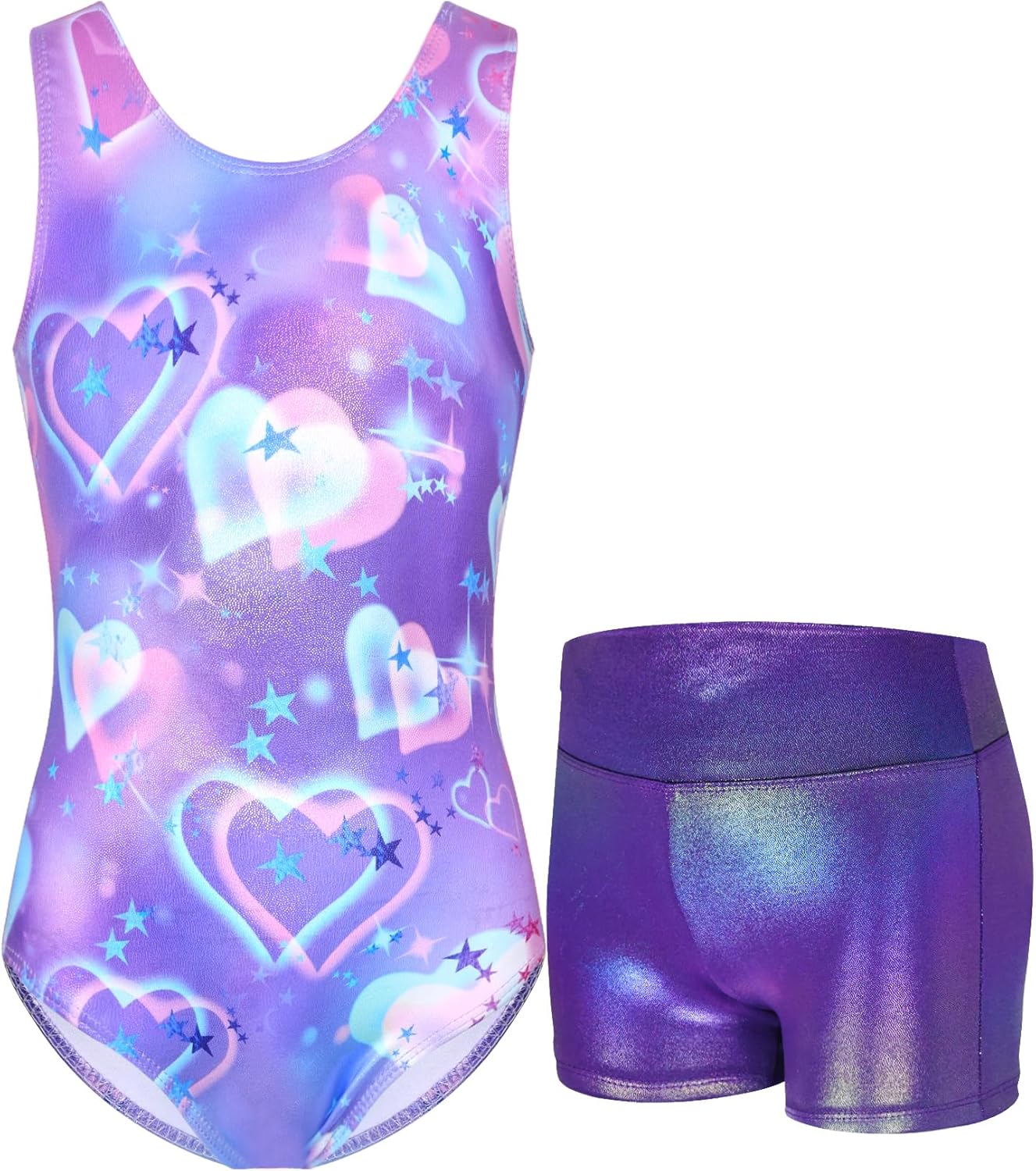 Gymnastics Leotards for Girls Sparkly Tumbling Bodysuits with Shorts Athletic Activewear Sleeveless Dance Outfit