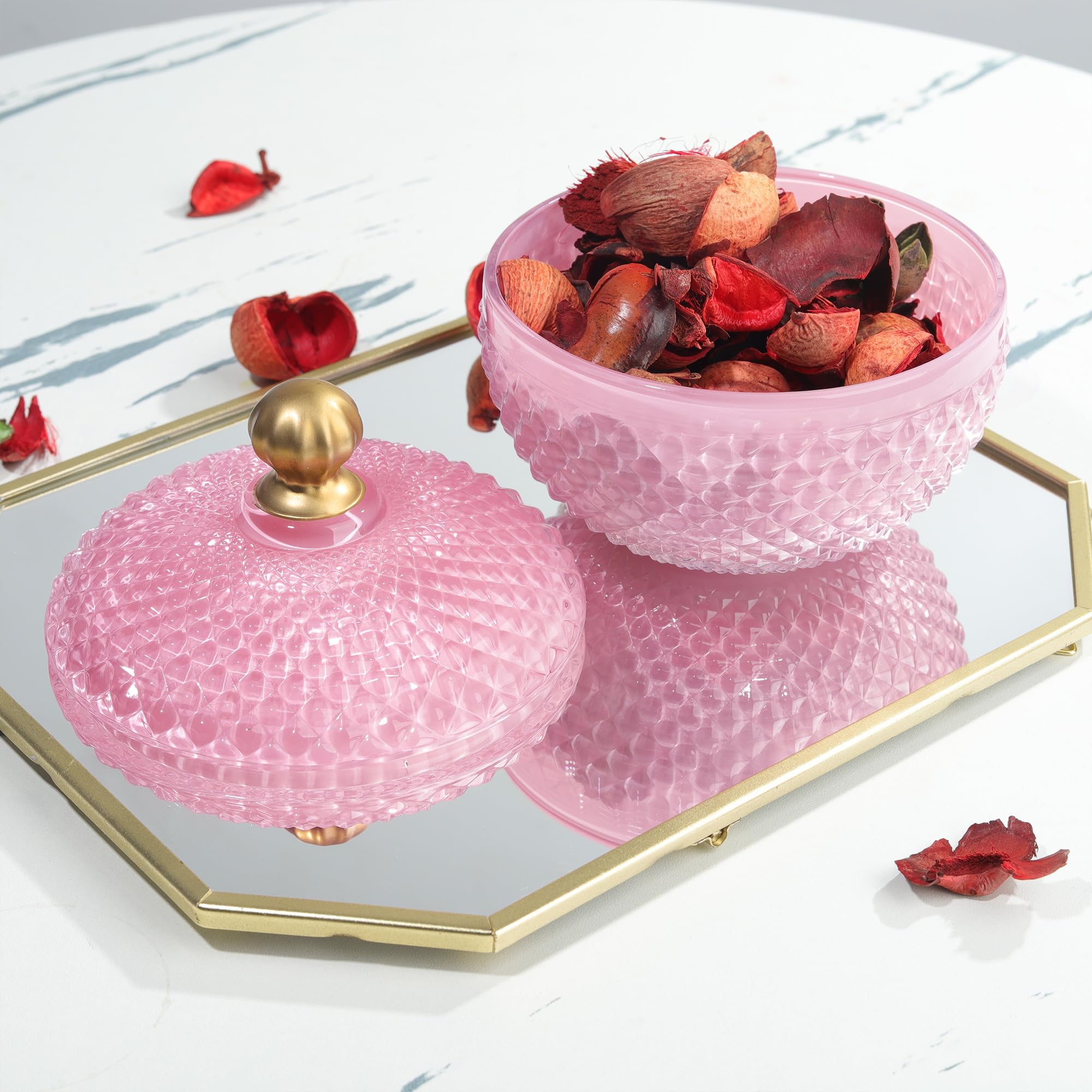Joeyan Piccoli Barattoli Dolci in Vetro Rosa con Coperchio,Piatti di Caramelle in Vetro Rilievo per Noci,Cioccolato,Biscotti,Barattolo Decorativo per Matrimoni,Buffet Festa,Decorazioni per la Casa