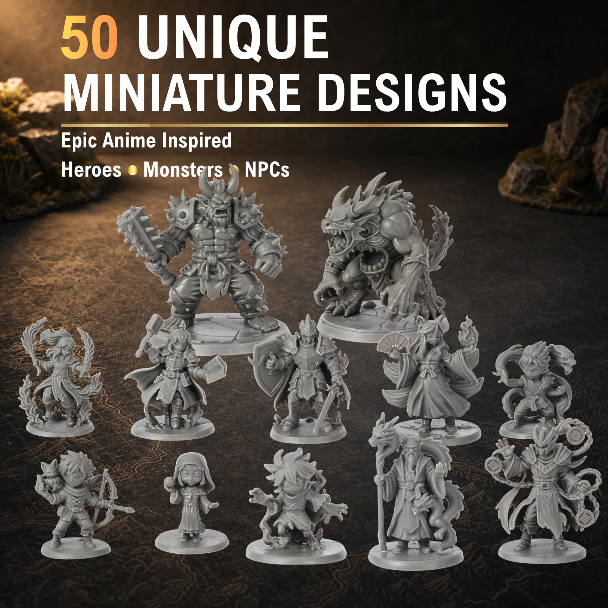 50 figure fantasy uniche per miniature DnD, eroi, NPC, mini Dungeons and Dragons ispirati agli anime da 28 mm, mini figurine da tavolo non verniciate, compatibili con Pathfinder, accessori D&D