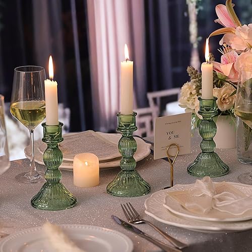 Miniatura 6 de DARJEN Juego de 4 portavelas verdes de vidrio a rayas verticales para candelabros y velas cónicas, portavelas cónico para bodas, hogar, decoración y