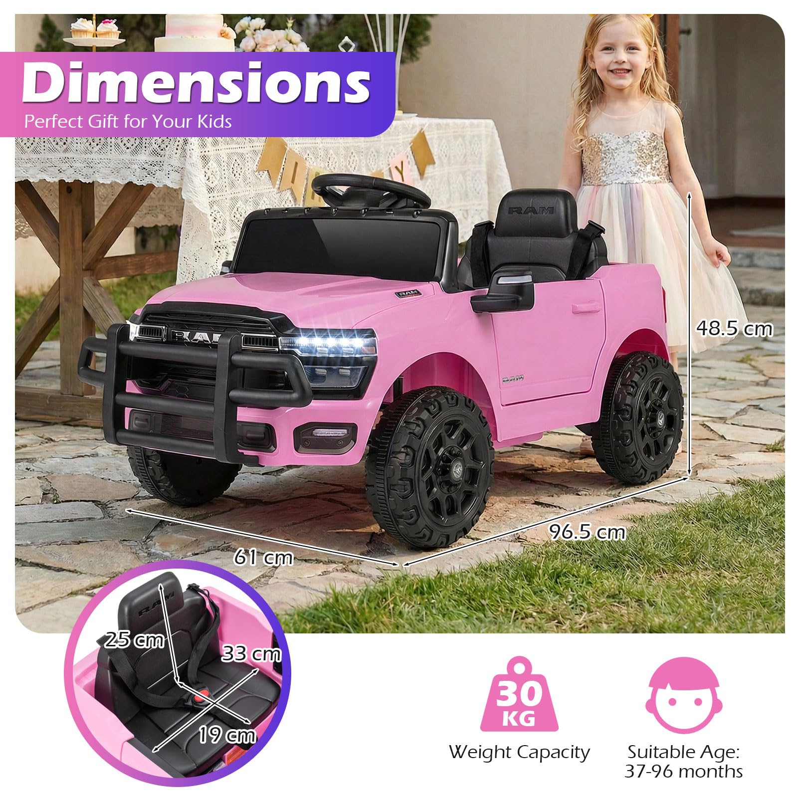 FANTASK Auto elettrica per bambini, 12 V, con telecomando e luce (rosa)
