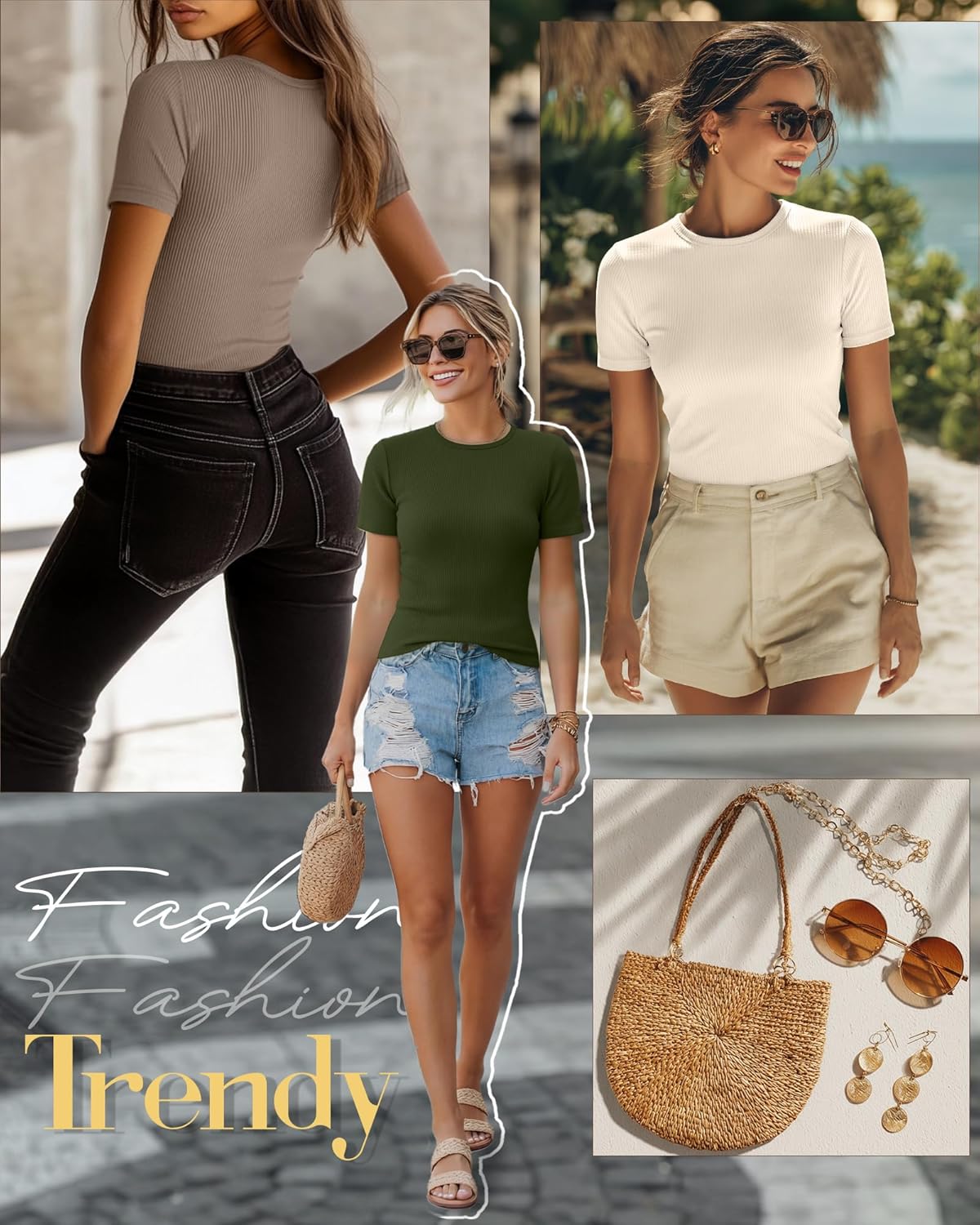 Ficerd 3 Pack Women's Ribbed T-Shirts, Cotton Short Sleeve Basic Tees Crewneck Fitted Tops Casual Shirts 2026 Summer Trendy - Image 3