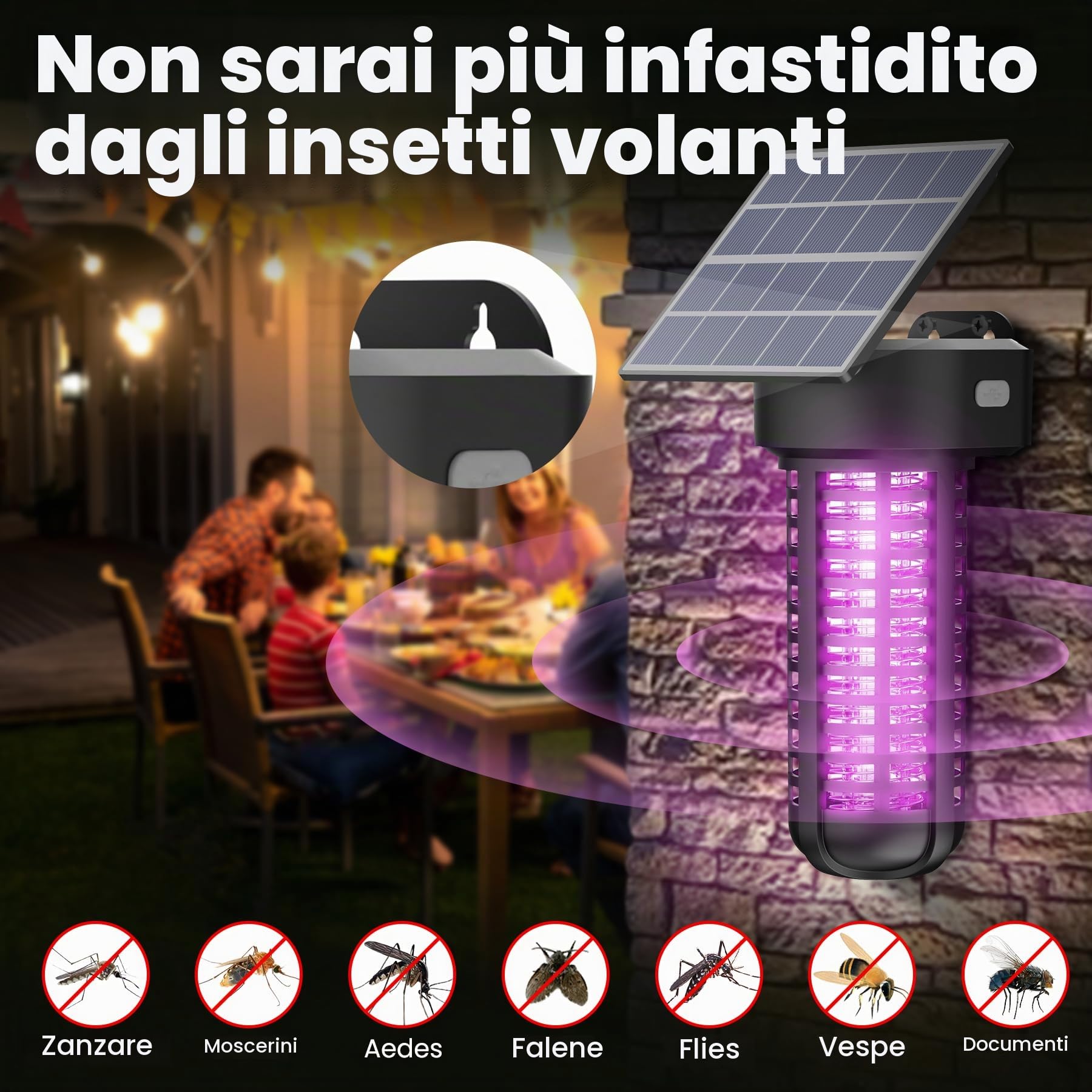 Lampada antizanzare a energia solare, confezione da 2, impermeabile, per esterni, con accensione/spegnimento automatico, senza fili, da giardino, colore: nero