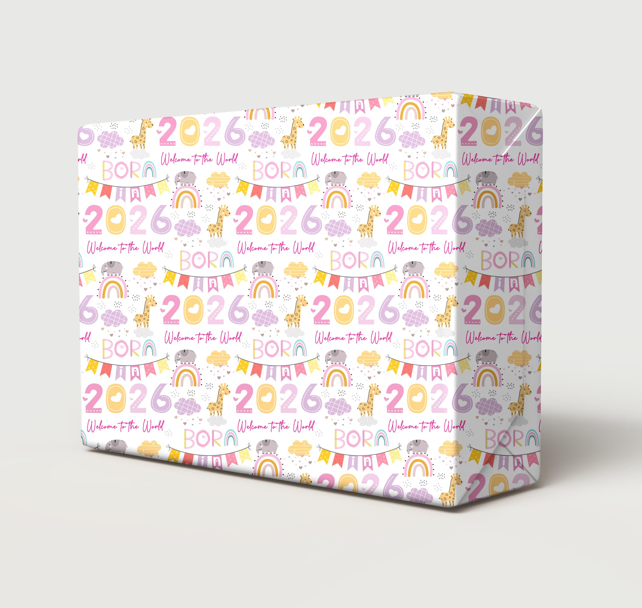 4 Sheets 4 Tags Born In 2026 Cute Baby Girl Colourful Wrapping Paper New Baby Arrival Cute Birthday Gift wrap Pink and Multi Coloured (PA)