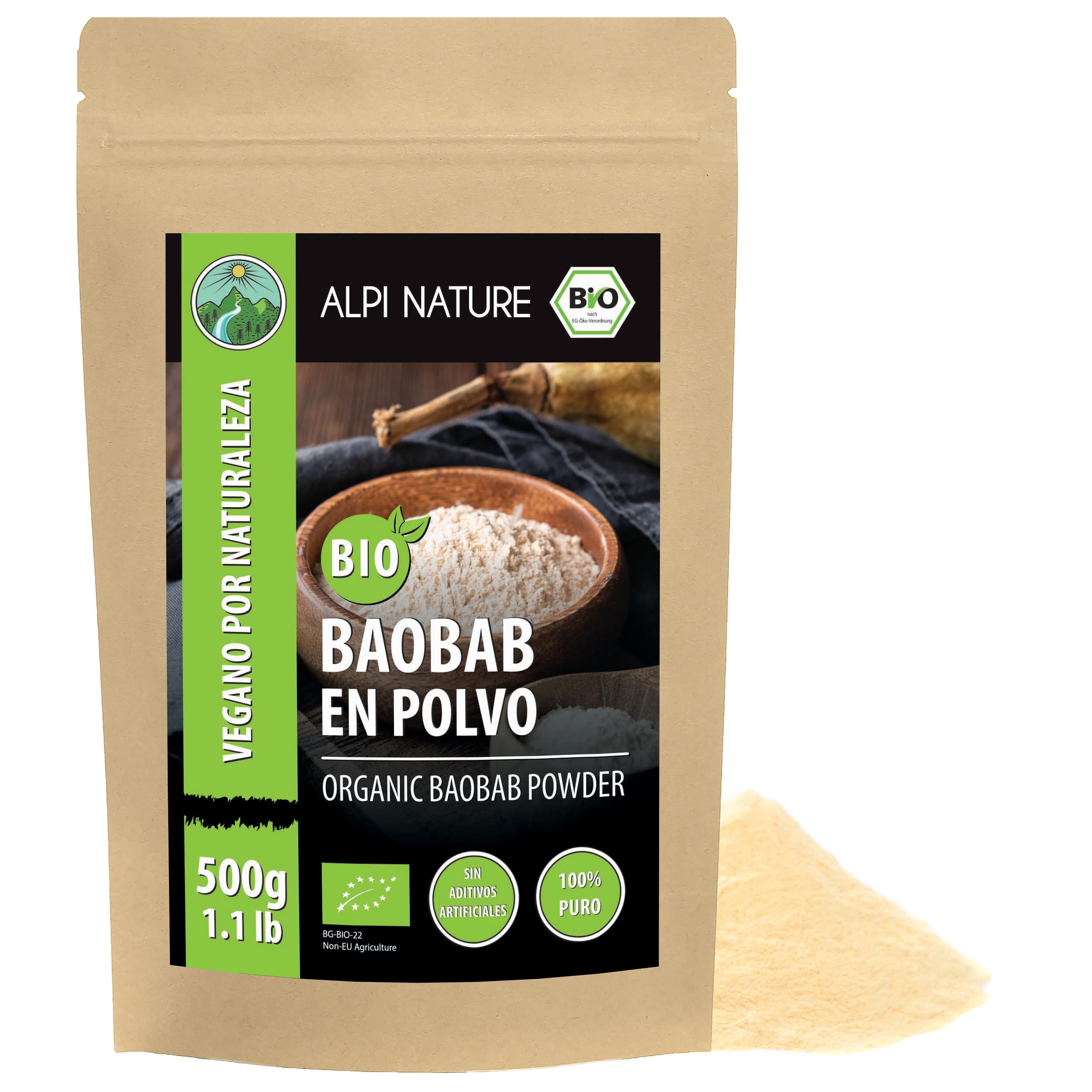 Alpi Nature Polvo de Baobab Orgánico 500g, Fruto de Baobab Deshidratado y Molido, sin Gluten