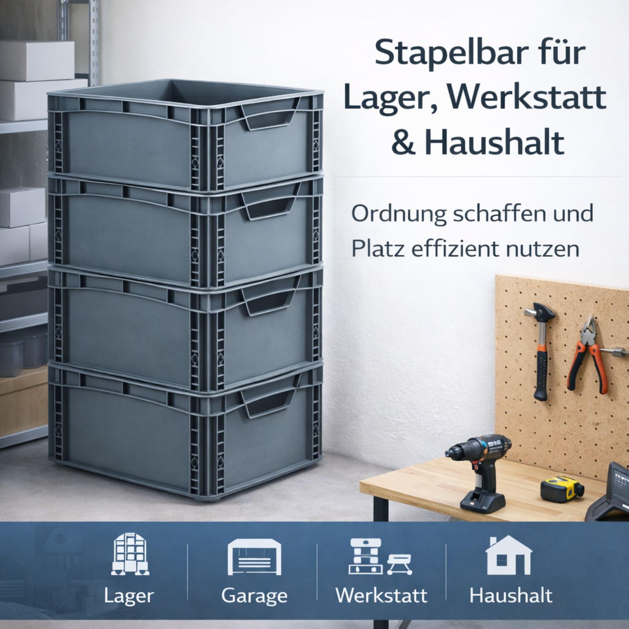 RODOPI 4x Eurobox 40x30x27 cm, stapelbar, graue Transportbox aus PP-Kunststoff, Eurobehälter mit 2 Grifföffnungen, Aufbewahrungsbox für Lager, Werkstatt, Haushalt