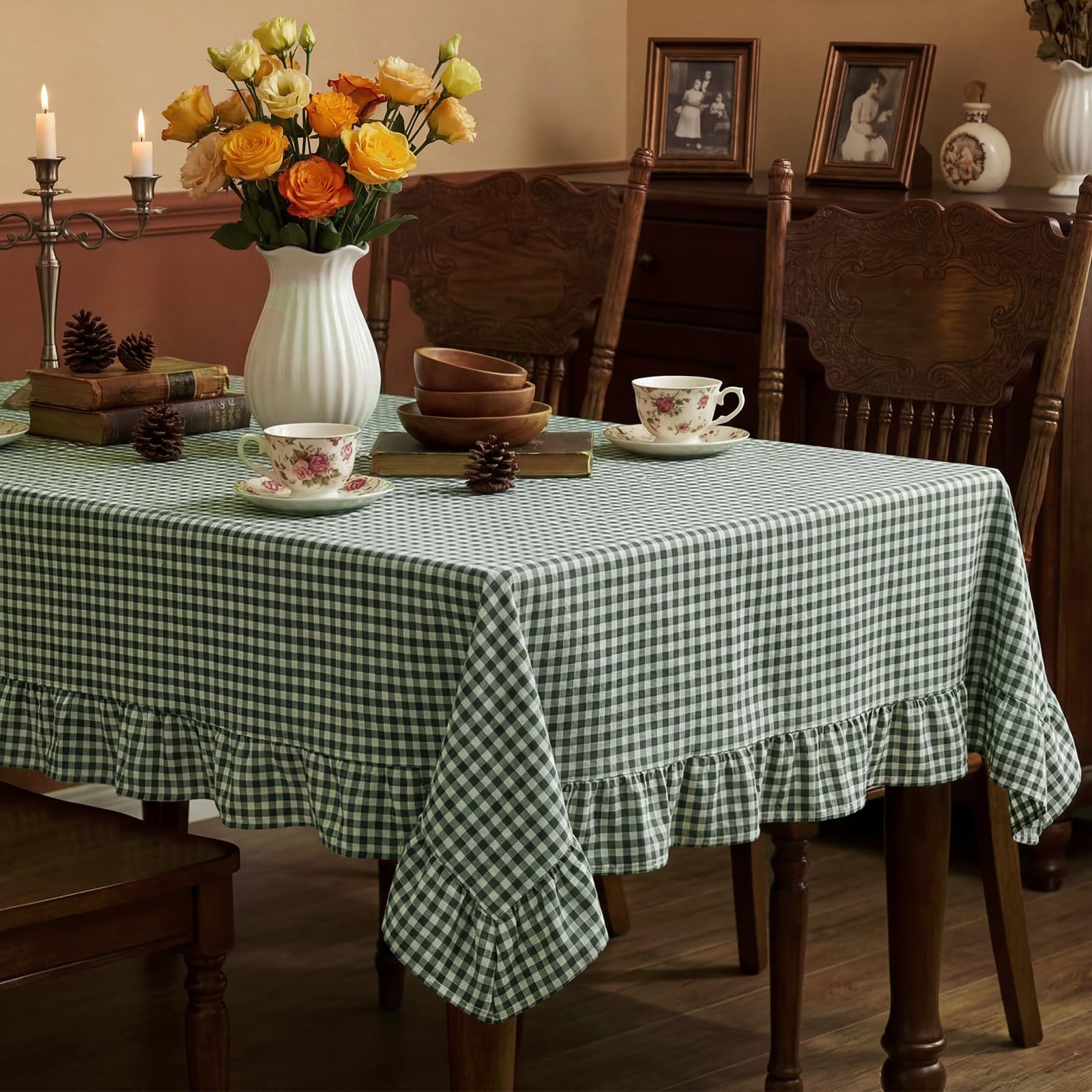 Photo 1 of Mindsoft Plaid Ruffled Table Cloth Cotton Linen Fabric Checkered Gingham Tablecloth Farmhouse Vintage Buffalo Plaid Decorative Table Cover for Dining Room Party