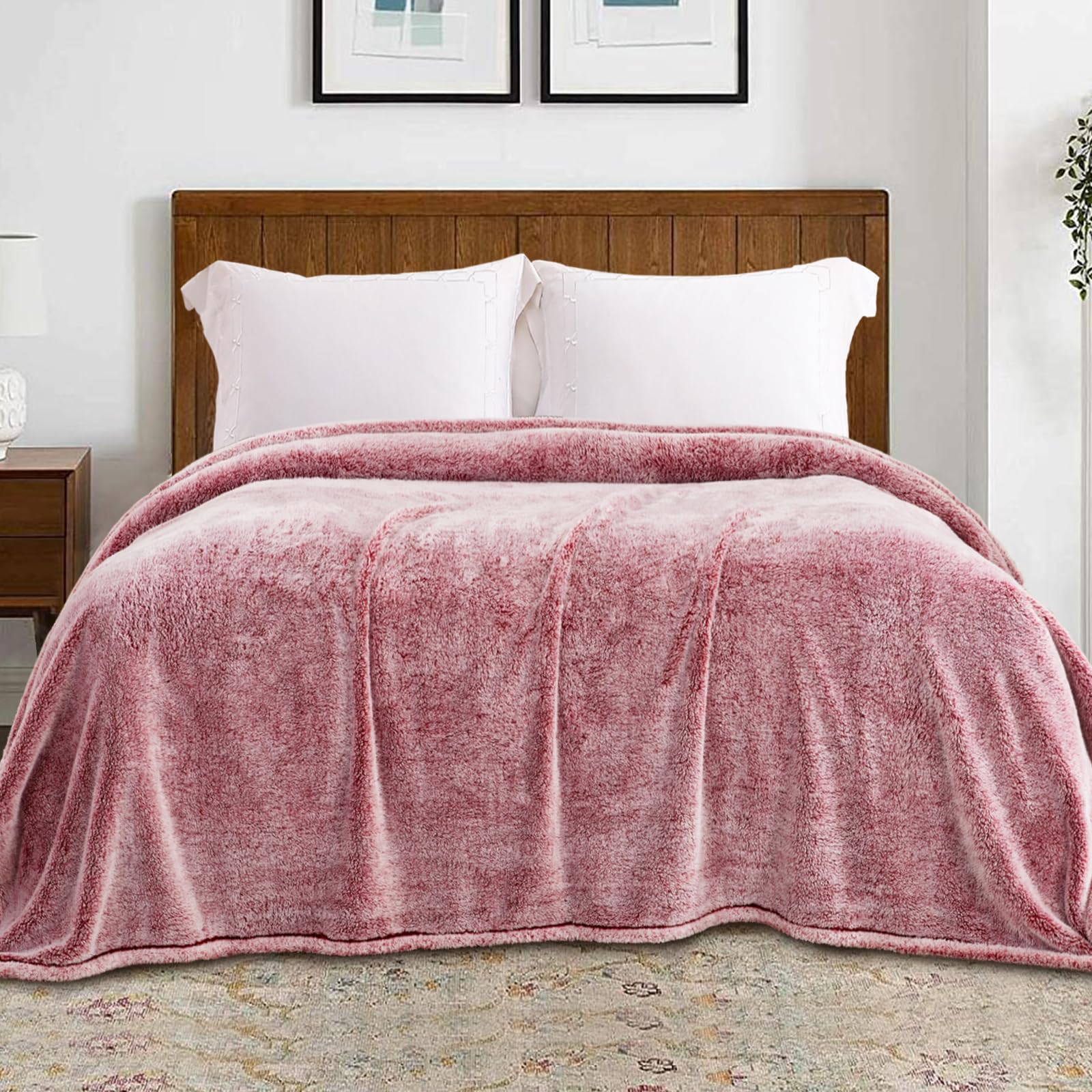 Exclusivo Mezcla Plush Fuzzy Fleece Bed Blanket King Size, Super Soft, Fluffy and Warm Blankets for Couch, Bed, All Season (Mixed Deep Red, 90x104 inches)