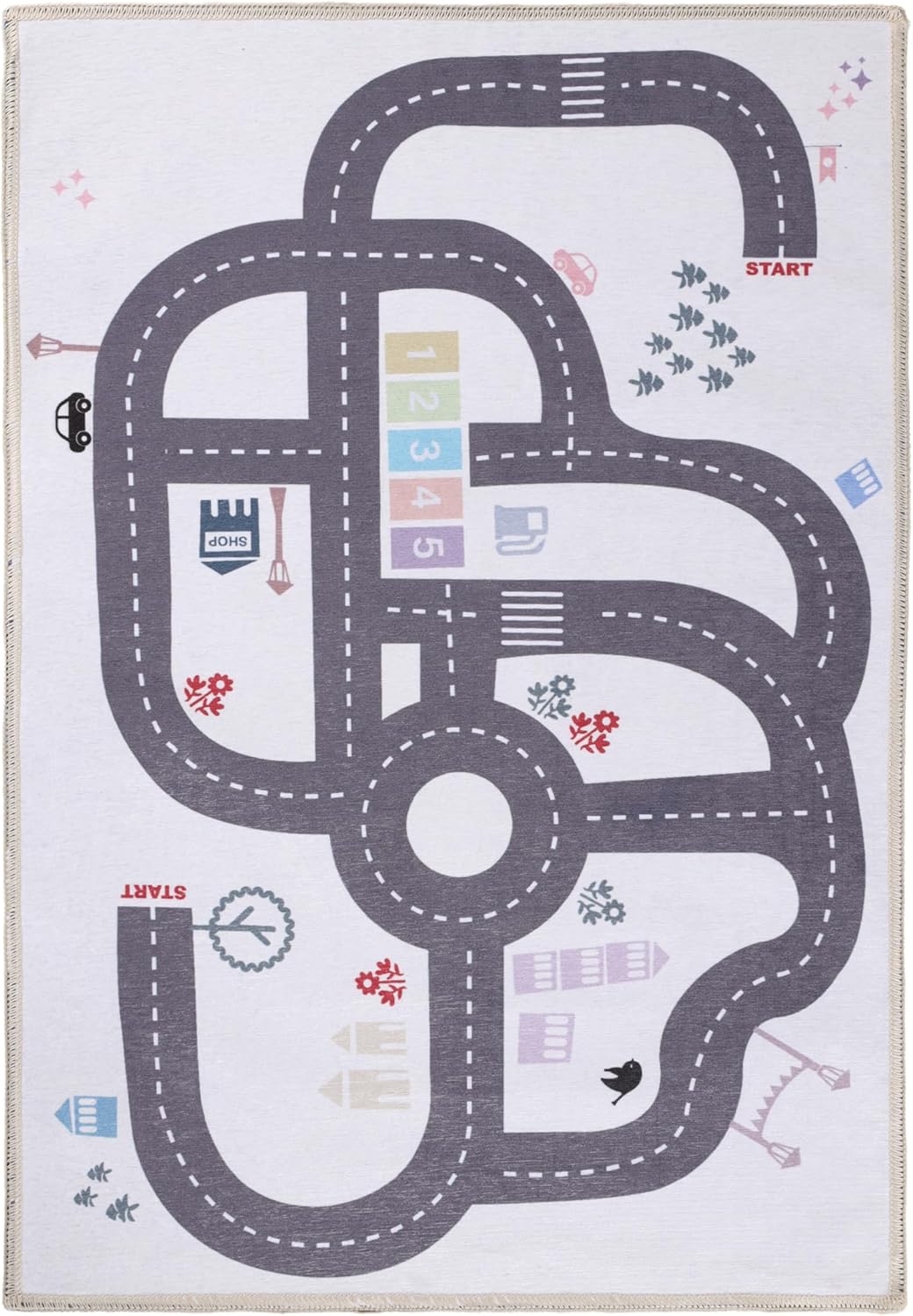 Superior Path Non-Slip Indoor Rug for Kids, Toddlers & Babies, Washable, Perfect for Playroom, Kids Room, Nursery, or Bedroom, Road Course with Streets, Roundabouts, Buildings, Trees, 2' x 3', Ivory
