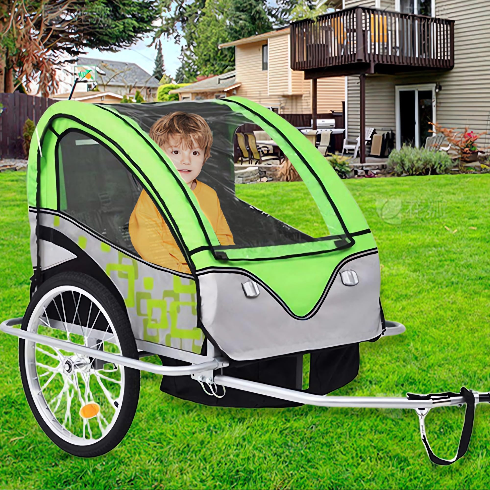 Rimorchio per Bicicletta per Bambini, 2 In 1, Tettuccio per Bambini, Schermi Anti-insetti e Anti-pioggia Arrotolabili, Rimorchio Pieghevole