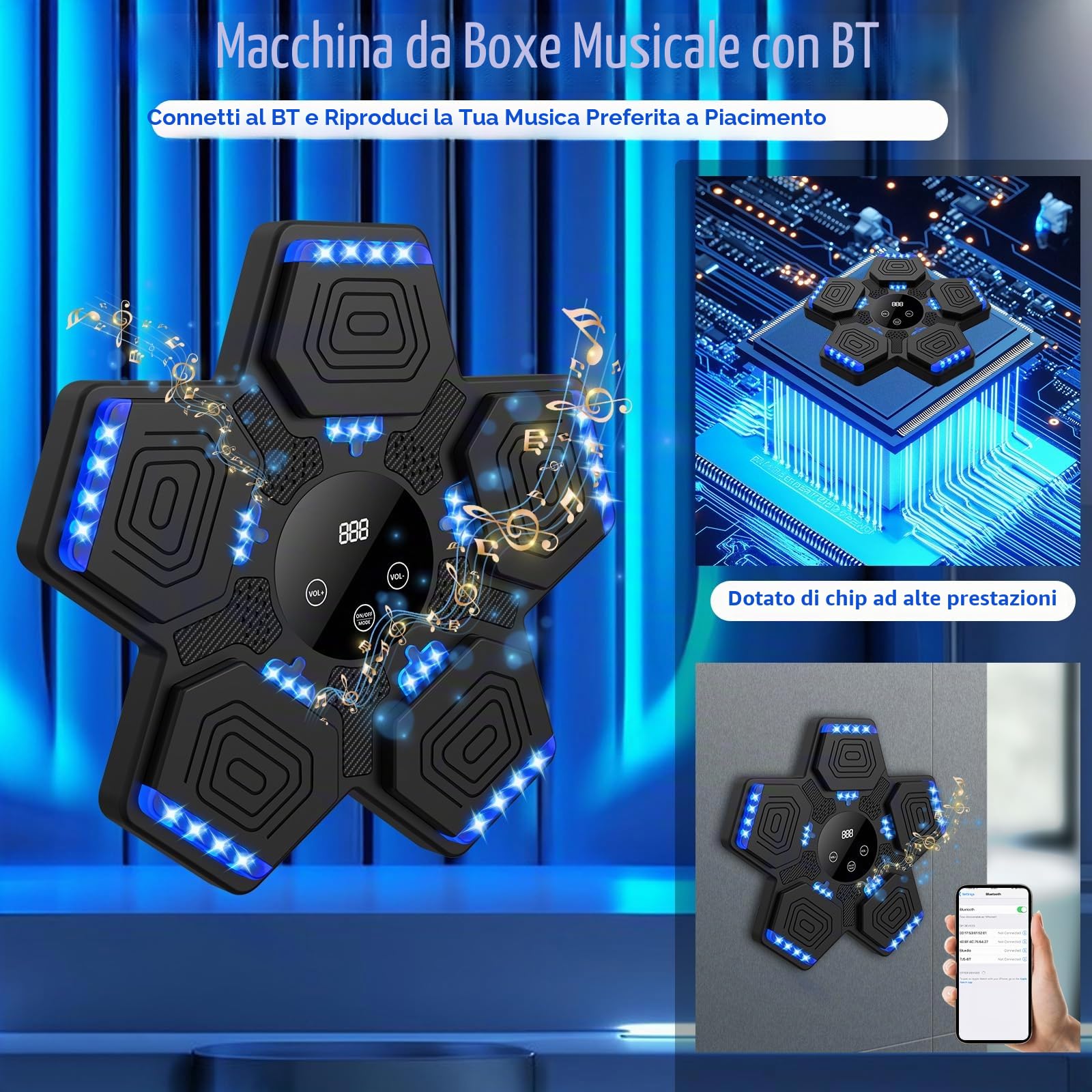 Music Boxing Machine, Intelligente Boxe Musicale da Parete con Guanti da Boxe, Macchina da Boxe Musicale, LED Box Musicale Pugile con Bluetooth, per Interno, Bambini/Adulti