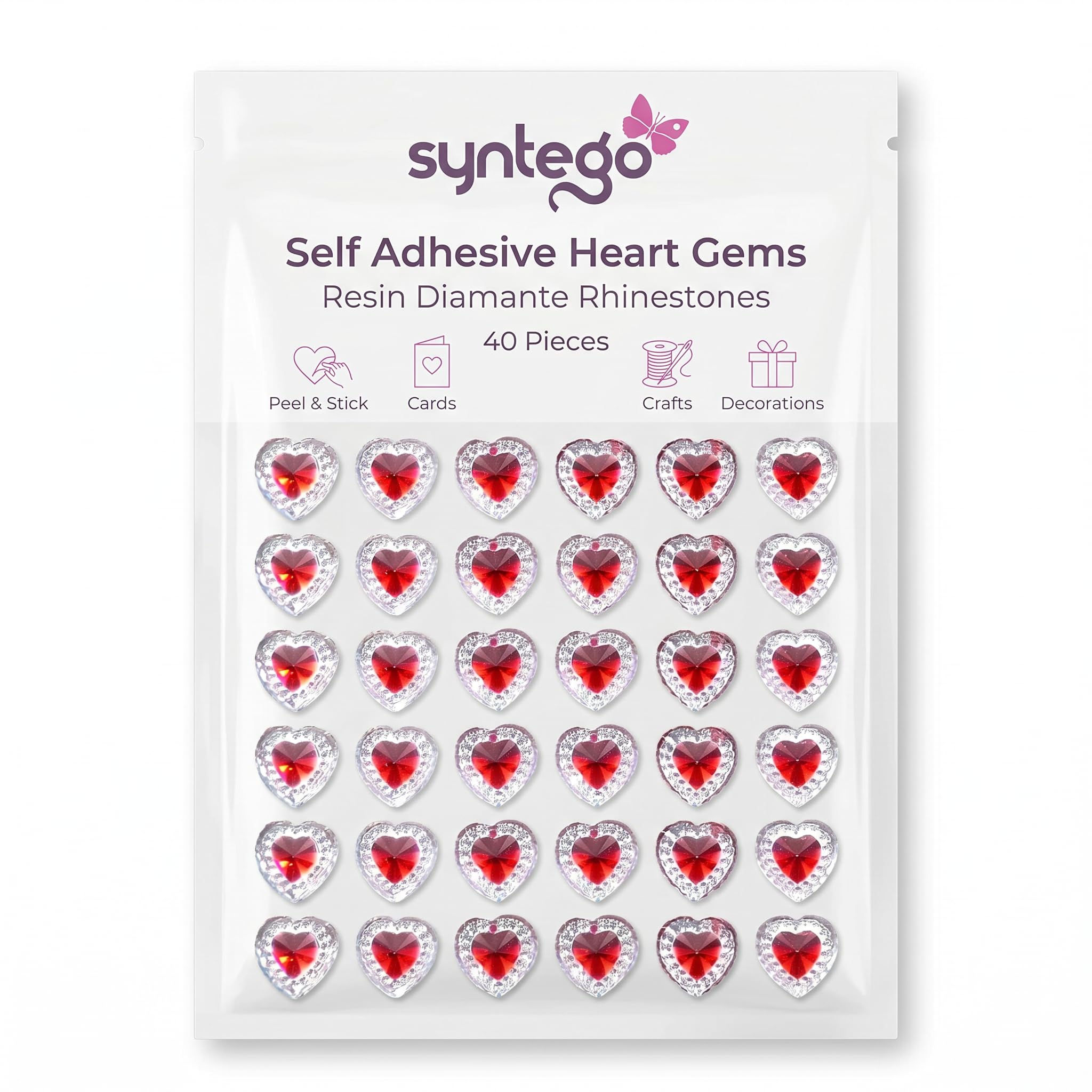 Syntego Red Self Adhesive Heart Gems Pieces – Diamante Rhinestone Stick On Crystals For Card Making, Wedding Invitations, Scrapbooking & Diy Crafts (, 80Pcs)