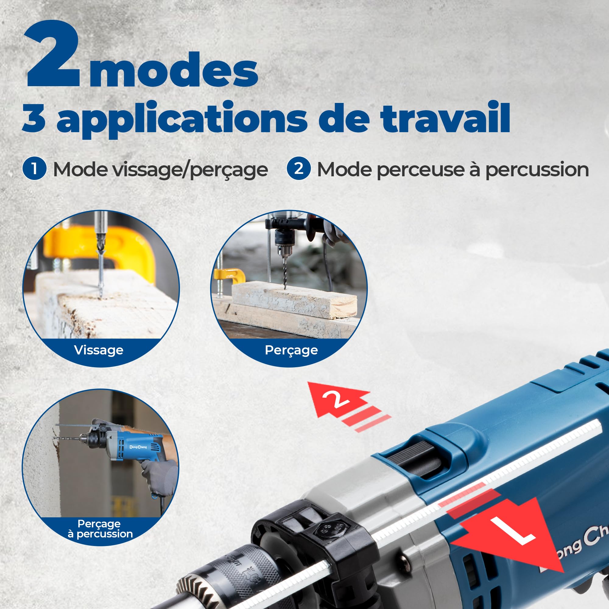 DongCheng Perceuse à percussion Marteau perforateur 710W 13mm mandrin 45000 IPM 3000 RPM 15 couronnes perçage métal bois béton