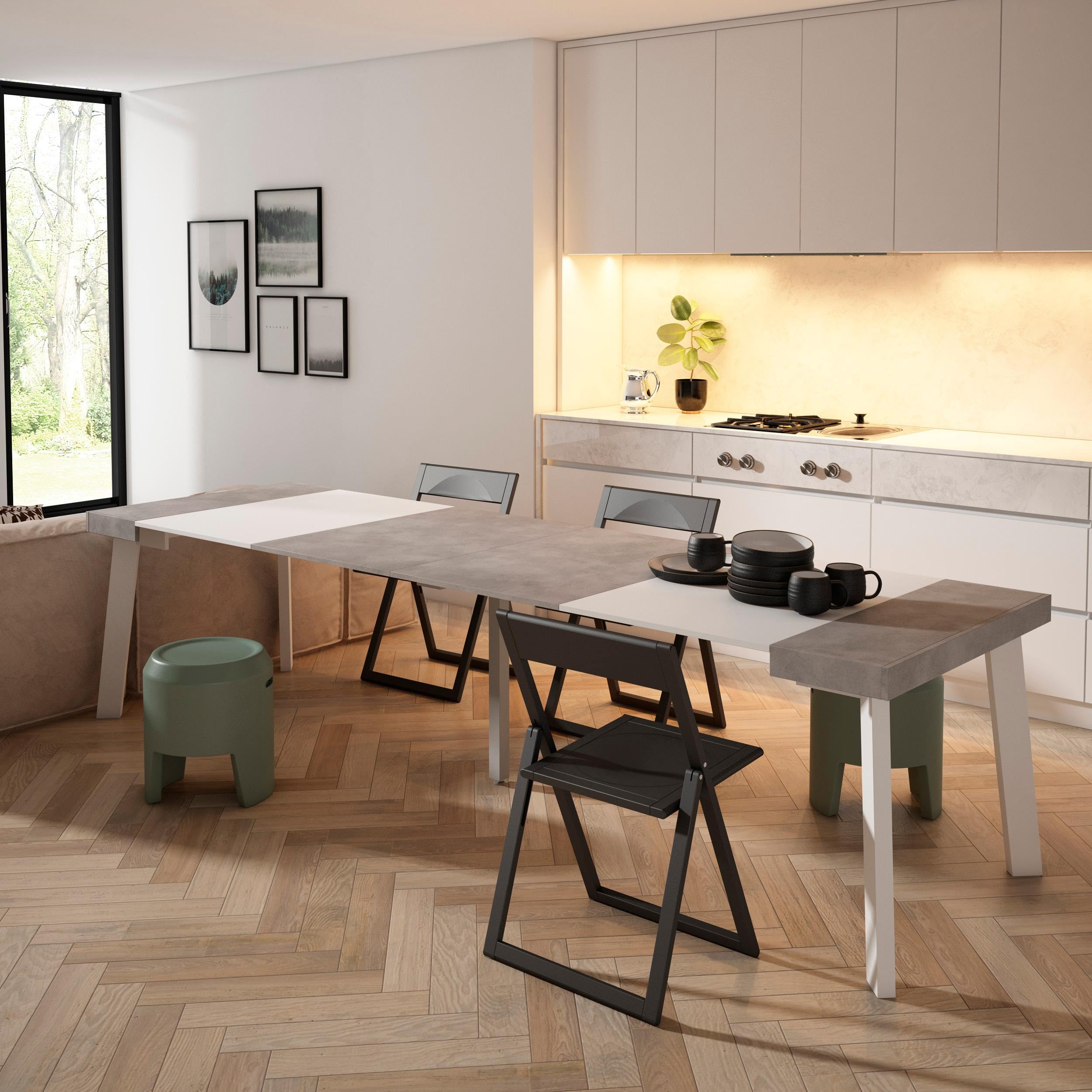 Skraut Home | Table Console Extensible | Console Meuble | 300 | pour 14 Personnes | Pieds en Bois | Style Moderne | Blanc et Ciment