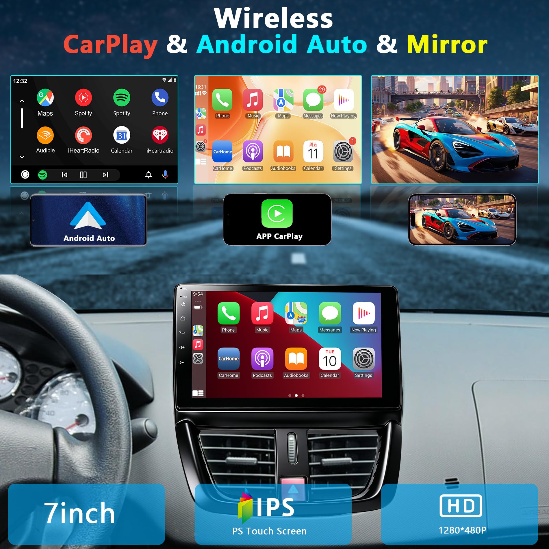 Autoradio Carplay Peugeot 207 2006-2015 Wireless Carplay Android Auto 9" Écran Tactile avec Navigation GPS/caméra de recul/Bluetooth/WiFi/Miror Link/MIC/FM/SWC