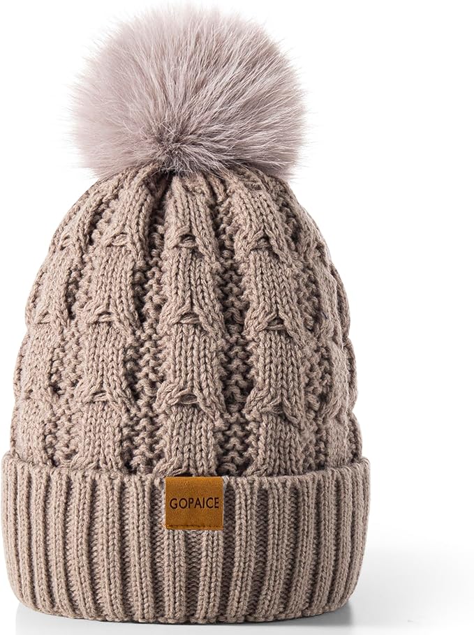 Gopaice Womens Winter Knitted Beanie Hat,Warm Fleece Lined Soft Chunky Trendy Ski Cap with Cute Pom Pom