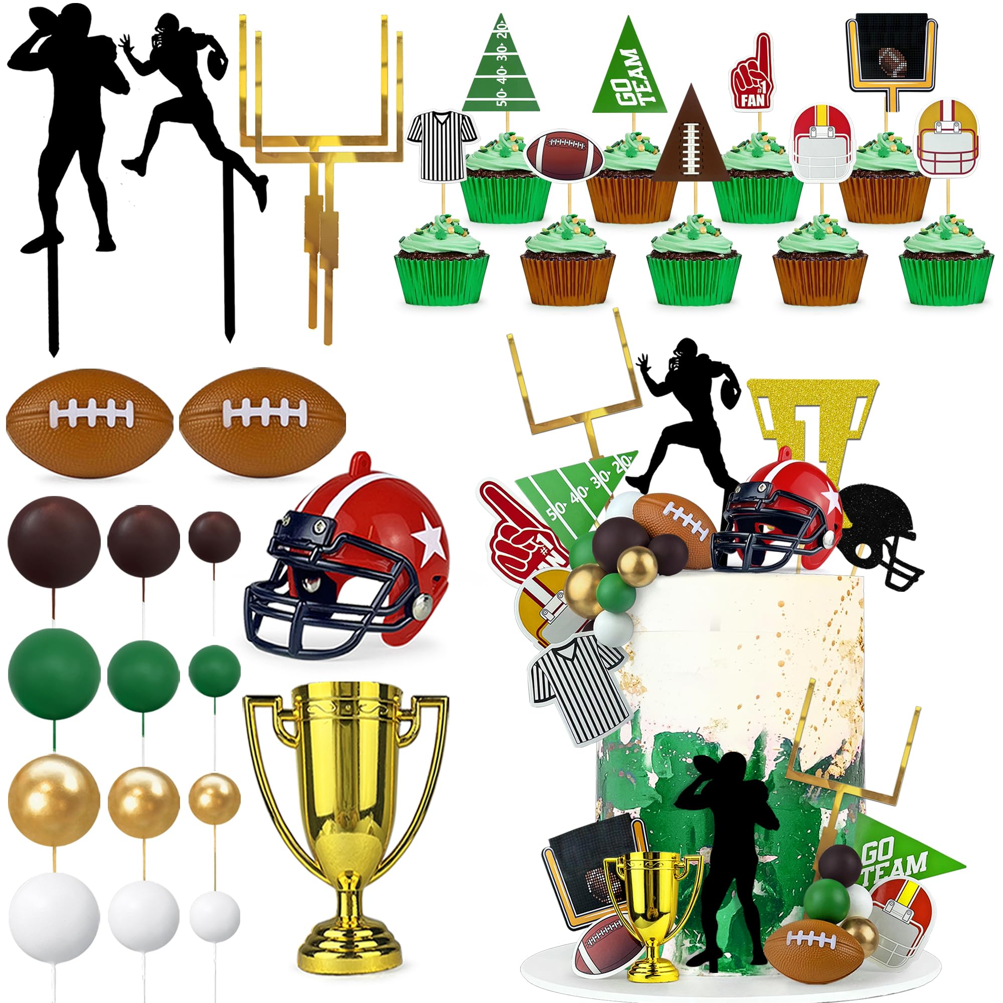 31PCS Football Cake Topper Set Acrylic Sports Theme Cake Decorations with Helmet Medal and Ball Cake Toppers for Birthday Party and Game Day Supplies