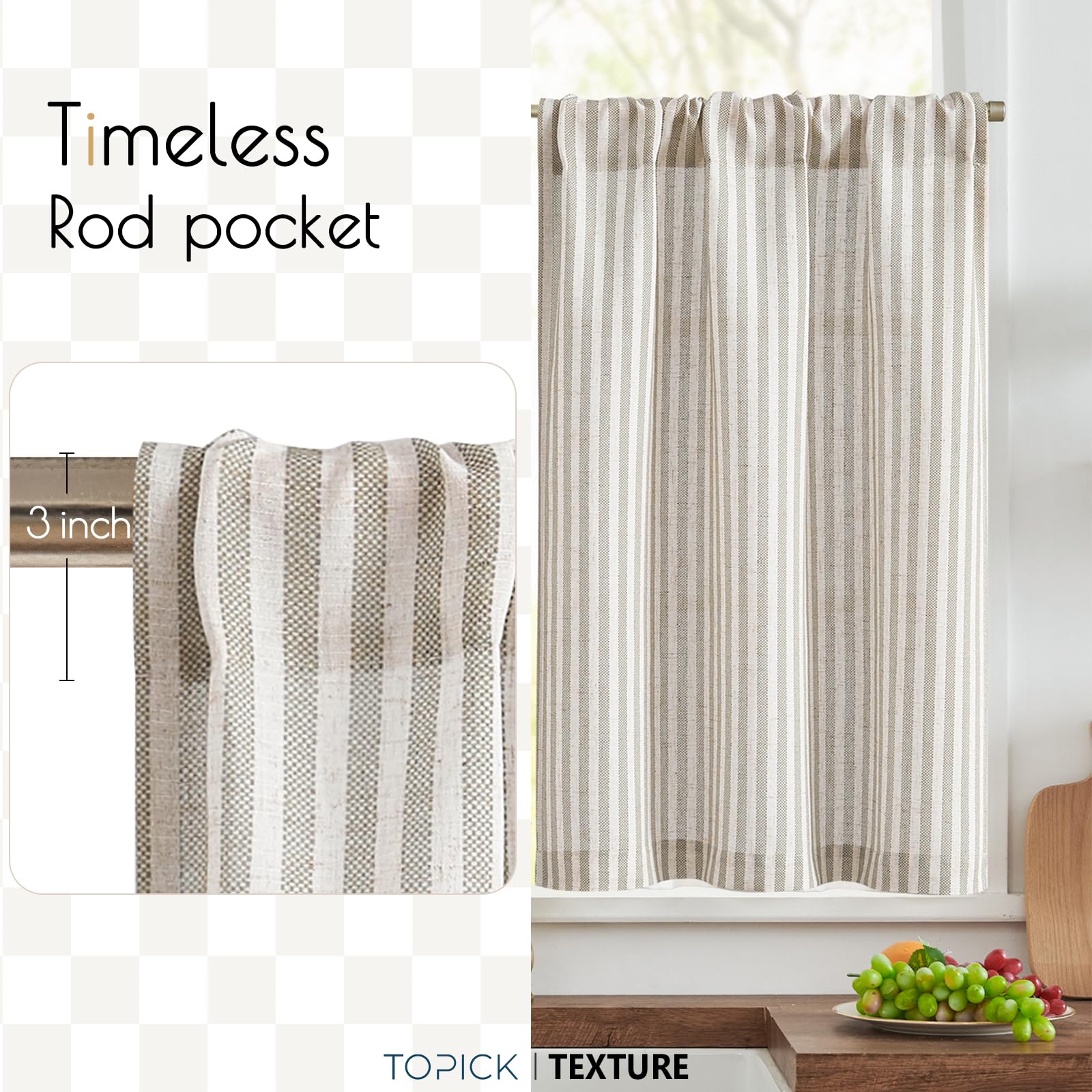 TOPICK Grey Striped Linen Look Kitchen Curtains 30 Inch Drop, Rod Pocket Cafe Curtains - Image 3