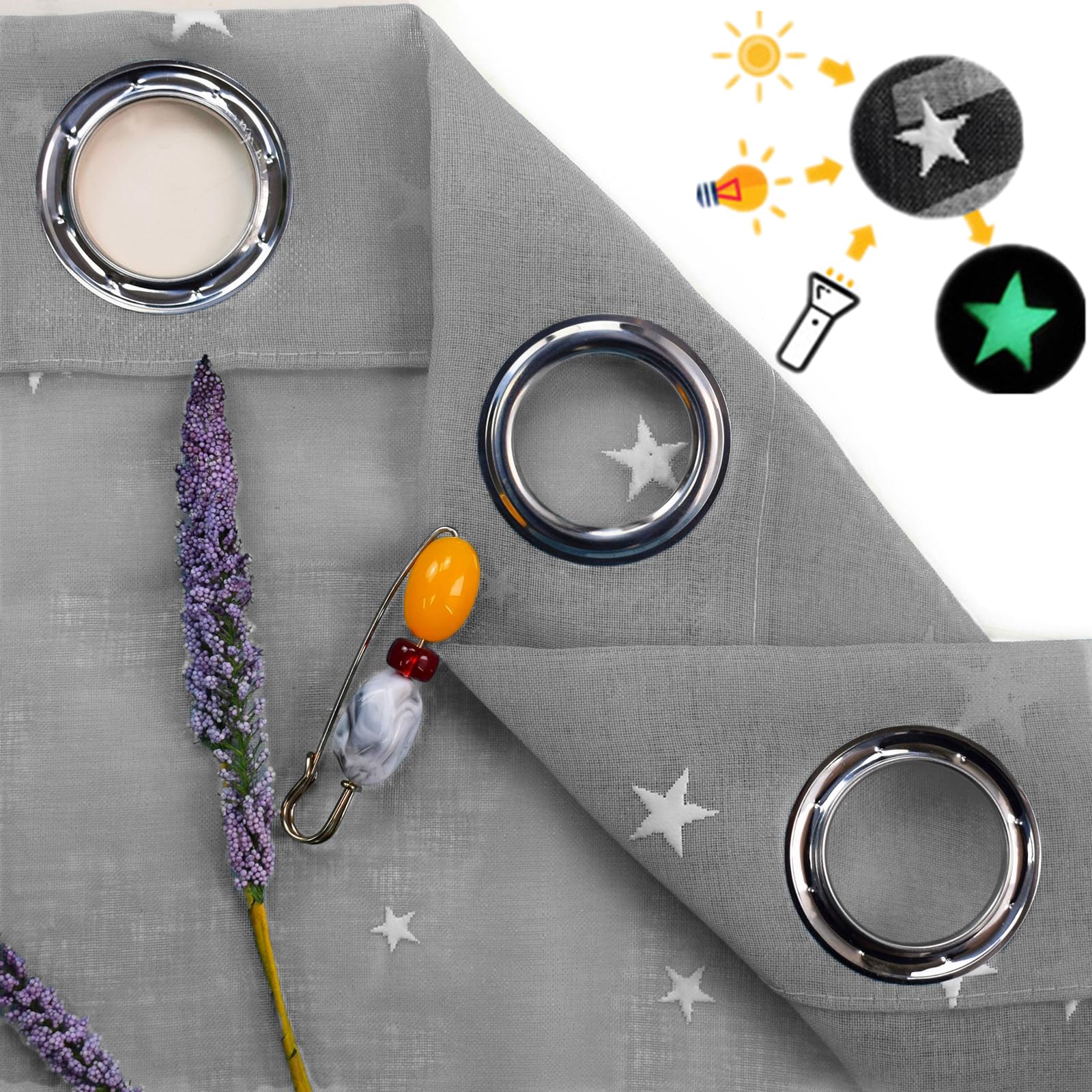 Cortinas de Estrellas Que Brillan en la Oscuridad, Cortinas de Metal de 96 Pulgadas de Largo para la Decoración de la Habitación de los Niños, 2 Panels/Grey